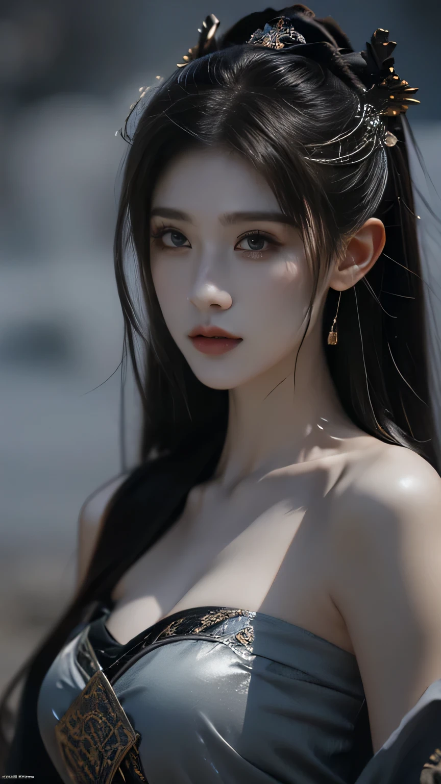 masterpiece,[game art, Best Picture Quality ,highest resolution,【8k,(portrait),Fantasy Engine 5 Rendered Artwork,(digital photography),((portrait Feature:1.5)),
20 year old girl, Short Hair Detail ,Have long bangs,( Red-eye makeup Very fine ),( Long gray hair left :1.4),( large , Full breasts),Elegant and Noble ,Brave charm ,
(future armor combined with the characteristics of ancient Chinese armor, Hollow Design ,Powered Armor, Mysterious oriental runes , Exquisite dress pattern , Magic flash ), Future Warrior, Cyberpunk Character ,war background,
movie lights, light tracking ,Game CG,(( 3D Fantasy Engine )), OC Rendered Reflective Pattern