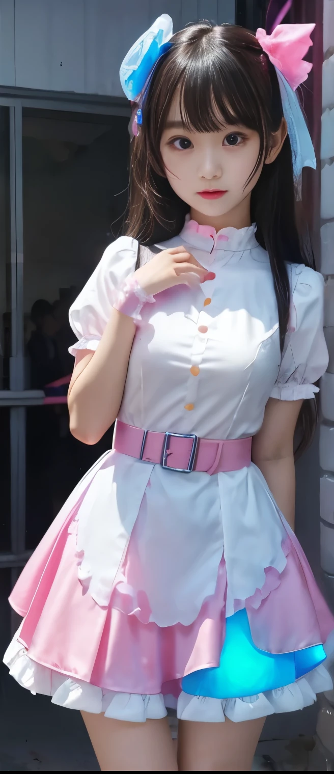 Pure Ghost Idol Girl、A pure girl's face、 hypo、fluorescent pink and blue ghost tight mini dress、、Ghost Belt 、Glowing Pop Ghost、Night Haunted House