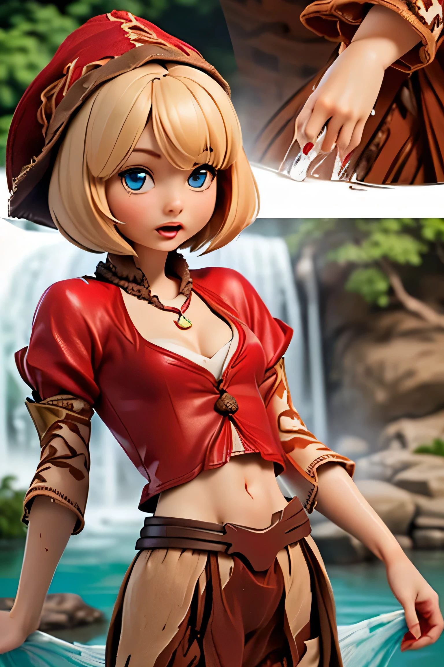 ((((Very tiny cute hyperrealistic girl)))), ((())), (((red cap))), (((round face))), (((blond hair))), (((blue eyes))), ((very tiny breast)), (((((very tiny body:1.9))))), (((medium hair))), ((((relm arrowny:1.7)))), ((open mouth)), ((cute big lips)), ((((close-up)))), ((necklace)), (((smooth arms and legs))), (((short red ellbow sleeves)), ((shocked)), ((very small arms and legs)), ((())), ((())), ((((red tunic:1.6)))), ((midriff peek)), (((cleavage))), ((bending over)), ((((red relm arrowny outfit:1.3)))), ((young looking))), (((((short body))))), ((((washing herself under waterfall)))), ((((ultra realistic))))