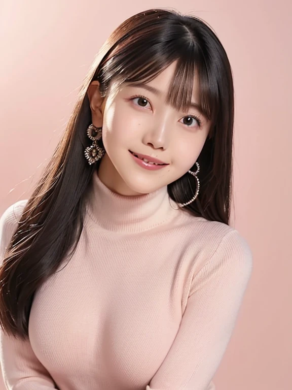 (top quality、table top、8k、best image quality、 ultra high definition 、winning work)、 One beautiful woman wearing、alone、accurate 、(face up:1.3)、( Perfect White Turtleneck Long Knitted Sweater:1.2)、 Super High Definition Gloss and Moisturized Beautiful Skin 、( perfect fit tight knit :1.1)、(attractive body:1.4)、(:1.4)、(accentuate your body line:1.1)、 ultra high definition の艶と潤いのある美肌、 ultra high definition の美しい顔、 ultra high definition の煌めく瞳、 ultra high definition の完璧な歯、 ultra high definition の髪の毛、 Look at Me and Laugh、perfect makeup、Perfect and precise white knit、( dark pink background:1.3)、(accurate :1.1)、(Bright and glowing skin:1.1)、smile、