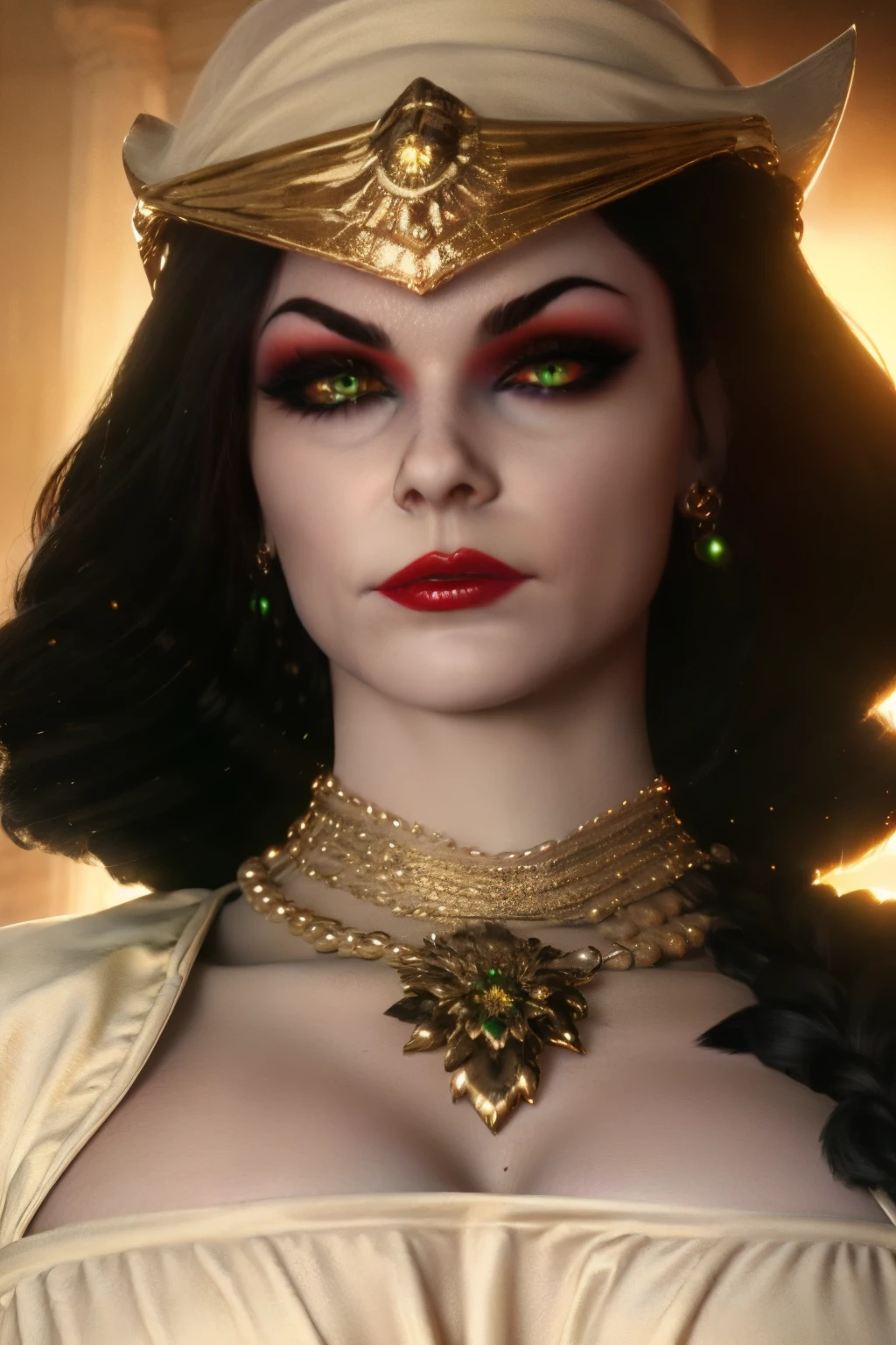 hyper realistic portrait shot of a beautiful egyptian queen, looking down proudly on the camera with her expressive green eyes, tanned skin tone , thin nose , black braided bob hair with golden accessories and jewelries , wearing a white see tough dress