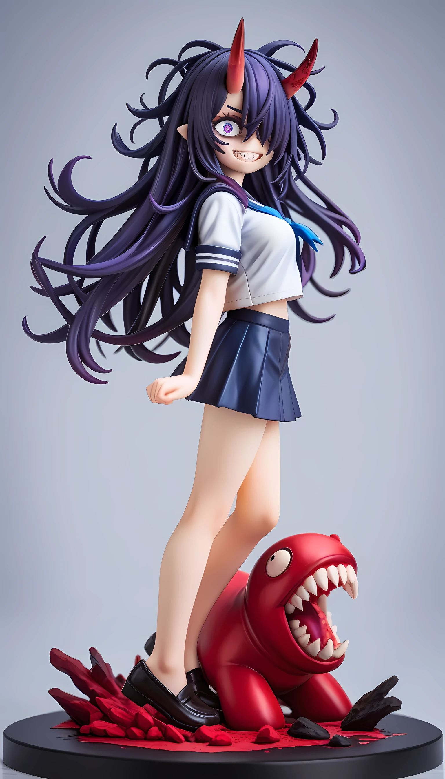(masterpiece, best quality, amazing quality, very aesthetic, absurdres, newest:1), masterpiece,best quality,amazing quality, pvc style , long hair,dark purple hair, ((messy hair)), hair over one eye,oni horns,bags under eyes , jitome ,half closed eyes,evil eyes,grin ,sharp teeth,fangs,medium breasts,petite,(school sailor ) , navy skirt,full body,pvc pedestal,side view 