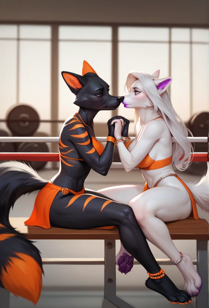 Female, anthropomorphic, arctic fox, white body, orange stripes, purple pawpads, strong thighs, 1girl, Solo, High Resolution, ultra realistic, silver bracelets, silver anklets, white toes, white ankles, sitting, orange , black eyes, white pupils, purple lipstick, squatting, white hair, skinny, wood floor, hotel background, lanterns in background, looking up at viewer