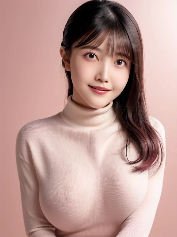 (highest quality、table top、8k、best image quality、Award-winning work)、one beautiful woman、25 years old、(Fixed front configuration:1.1)、(Perfectly fitted red turtleneck tight knit sweater:1.1)、elegant makeup、With bangs、(Elegant berry long wavy hair:1.1)、(stand straight in front of:1.1)、(with equal space on top、stand upright in front of you, Under, about.:1.1)、Ultra high definition beauty face、the best smile looking at me、(Super high resolution perfect beautiful teeth:1.1)、ultra high definition hair、Super high resolution glossy lips、accurate anatomy、(very bright and vivid:1.1)、(close up of face:1.5)、(face covered in semen:1.5)、(The simplest pink plain background:1.1)