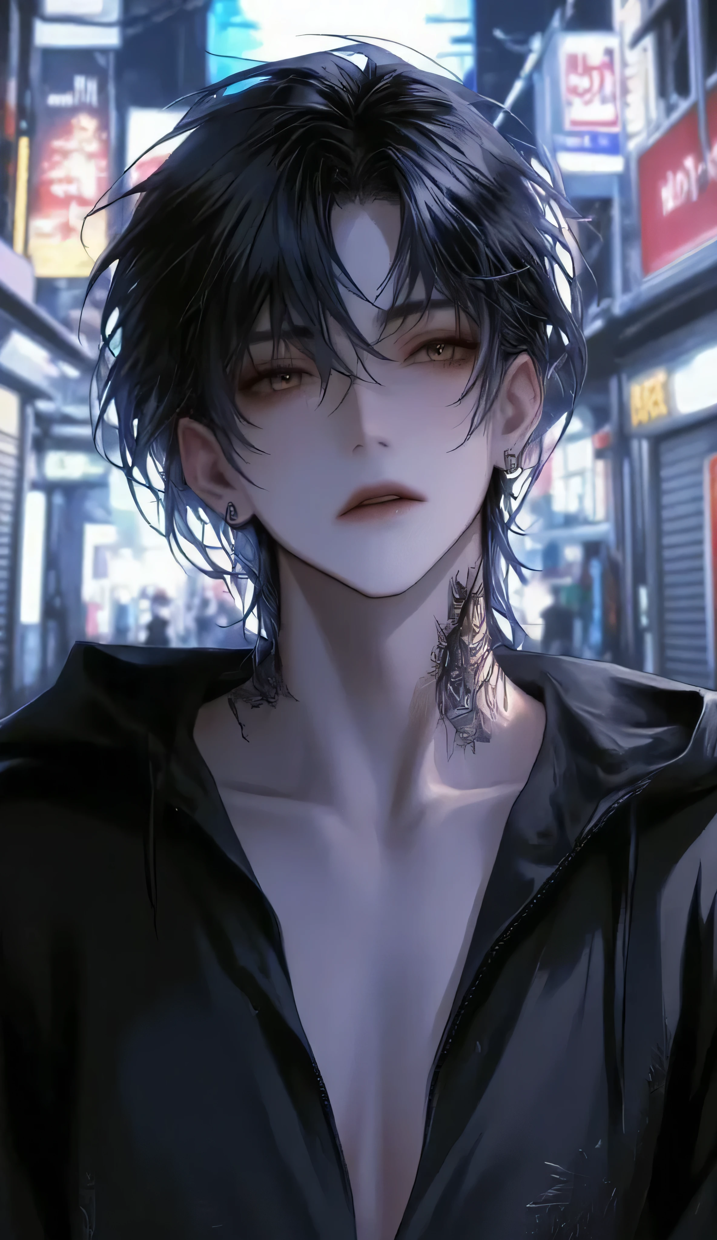 (( full body from head to foot))、((facing the front))、 male solo、((Colourful neon-lit streets)) Short Hair、anime style, movie portrait photo, Male 1 person, (hair is black), (gray eyes), (natural skin texture vivid details , Surreal, (Realistic detailed eyes, natural skin texture, realistic facial details), soft and dramatic lighting of butterflies on the side of the neck, description boundary depth, bokeh, vivid details , Surreal, 35mm movie, [Faint and faint, movie, hoop earrings, with a rainbow aura ,beautiful eyes, pose,