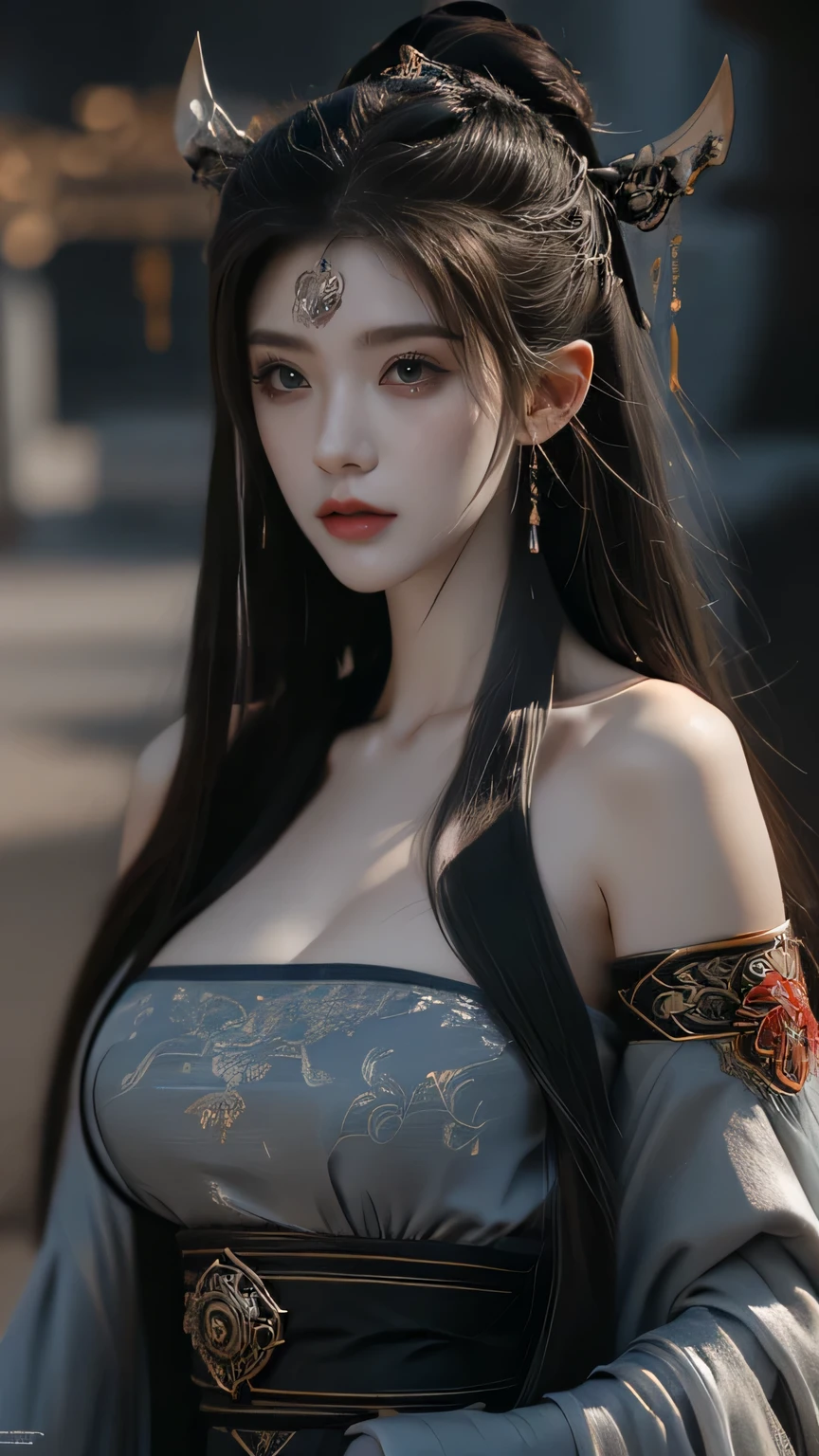 masterpiece,[game art, Best Picture Quality ,highest resolution,【8k,(portrait),Fantasy Engine 5 Rendered Artwork,(digital photography),((portrait Feature:1.5)),
20 year old girl, Short Hair Detail ,Have long bangs,( Red-eye makeup Very fine ),( Long gray hair left :1.4),( large , Full breasts),Elegant and Noble ,Brave charm ,
(future armor combined with the characteristics of ancient Chinese armor, Hollow Design ,Powered Armor, Mysterious oriental runes , Exquisite dress pattern , Magic flash ), Future Warrior, Cyberpunk Character ,war background,
movie lights, light tracking ,Game CG,(( 3D Fantasy Engine )), OC Rendered Reflective Pattern