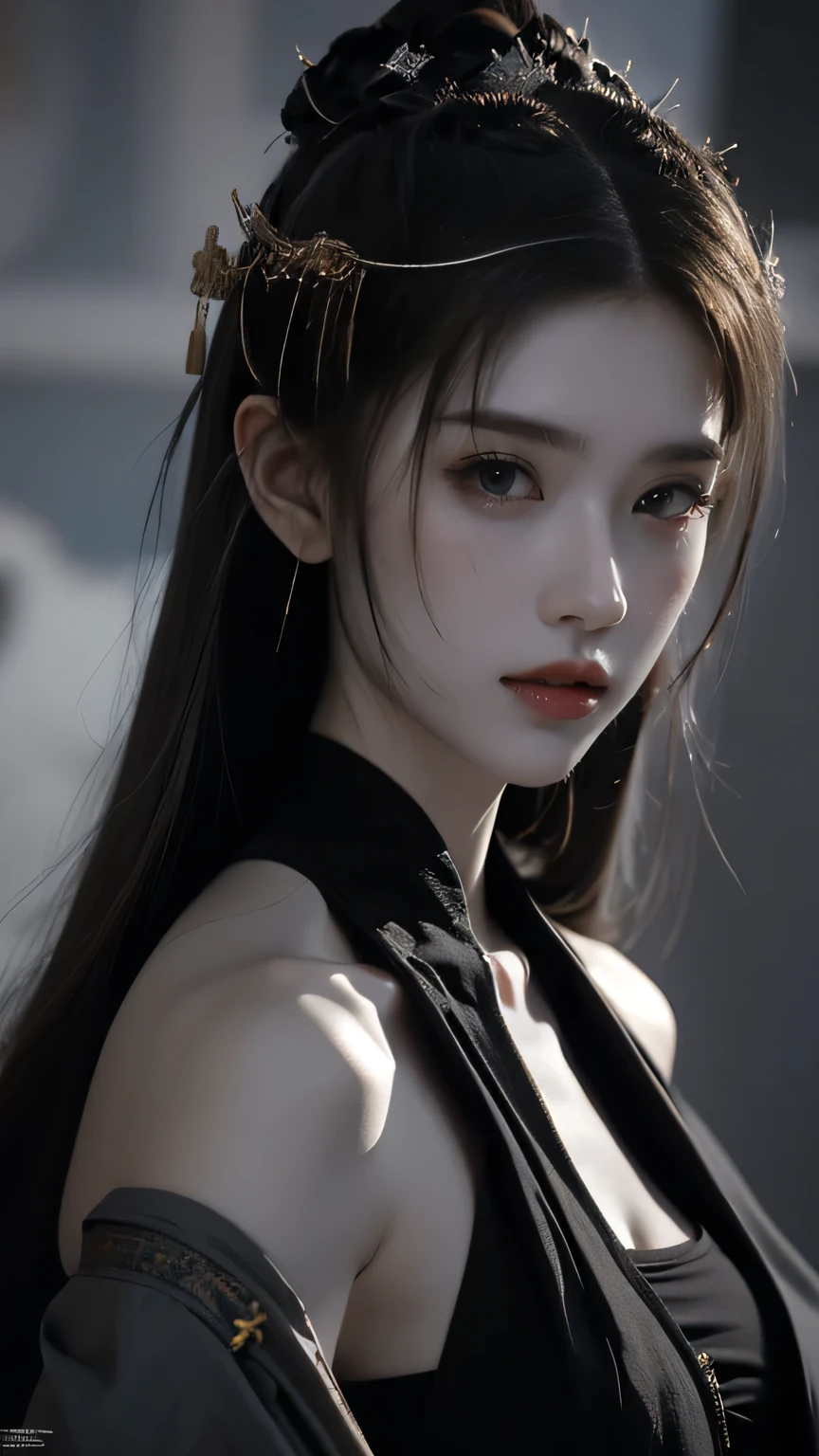 masterpiece,[game art, Best Picture Quality ,highest resolution,【8k,(portrait),Fantasy Engine 5 Rendered Artwork,(digital photography),((portrait Feature:1.5)),
20 year old girl, Short Hair Detail ,Have long bangs,( Red-eye makeup Very fine ),( Long gray hair left :1.4),( large , Full breasts),Elegant and Noble ,Brave charm ,
(future armor combined with the characteristics of ancient Chinese armor, Hollow Design ,Powered Armor, Mysterious oriental runes , Exquisite dress pattern , Magic flash ), Future Warrior, Cyberpunk Character ,war background,
movie lights, light tracking ,Game CG,(( 3D Fantasy Engine )), OC Rendered Reflective Pattern