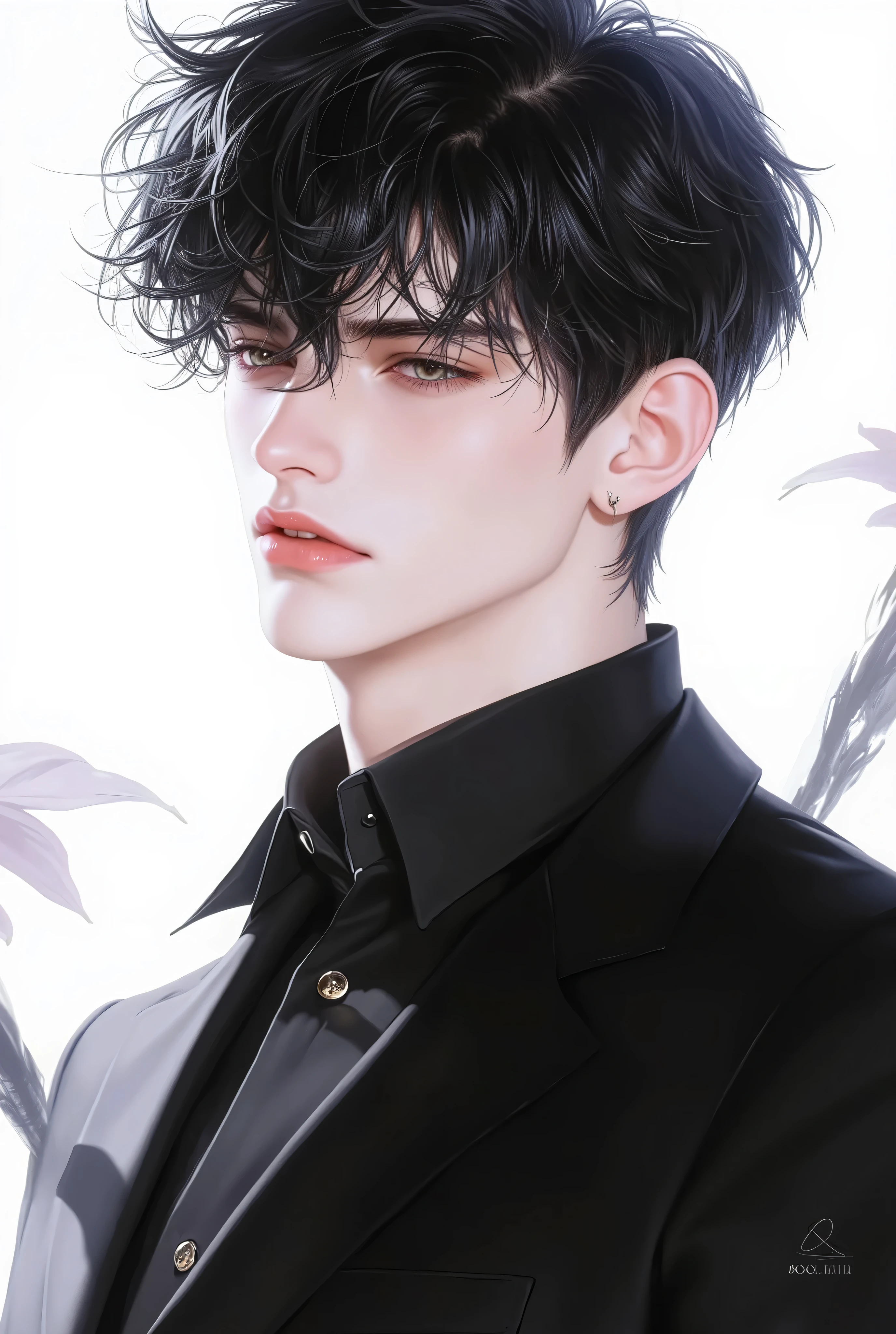 chico, black hair, brown eyes, Sharp features, piel blanca, Light pink lips, elegant, perfect, elegant, detailed figure, wearing a sweater, sweater, High Quality, bright and clear colors .