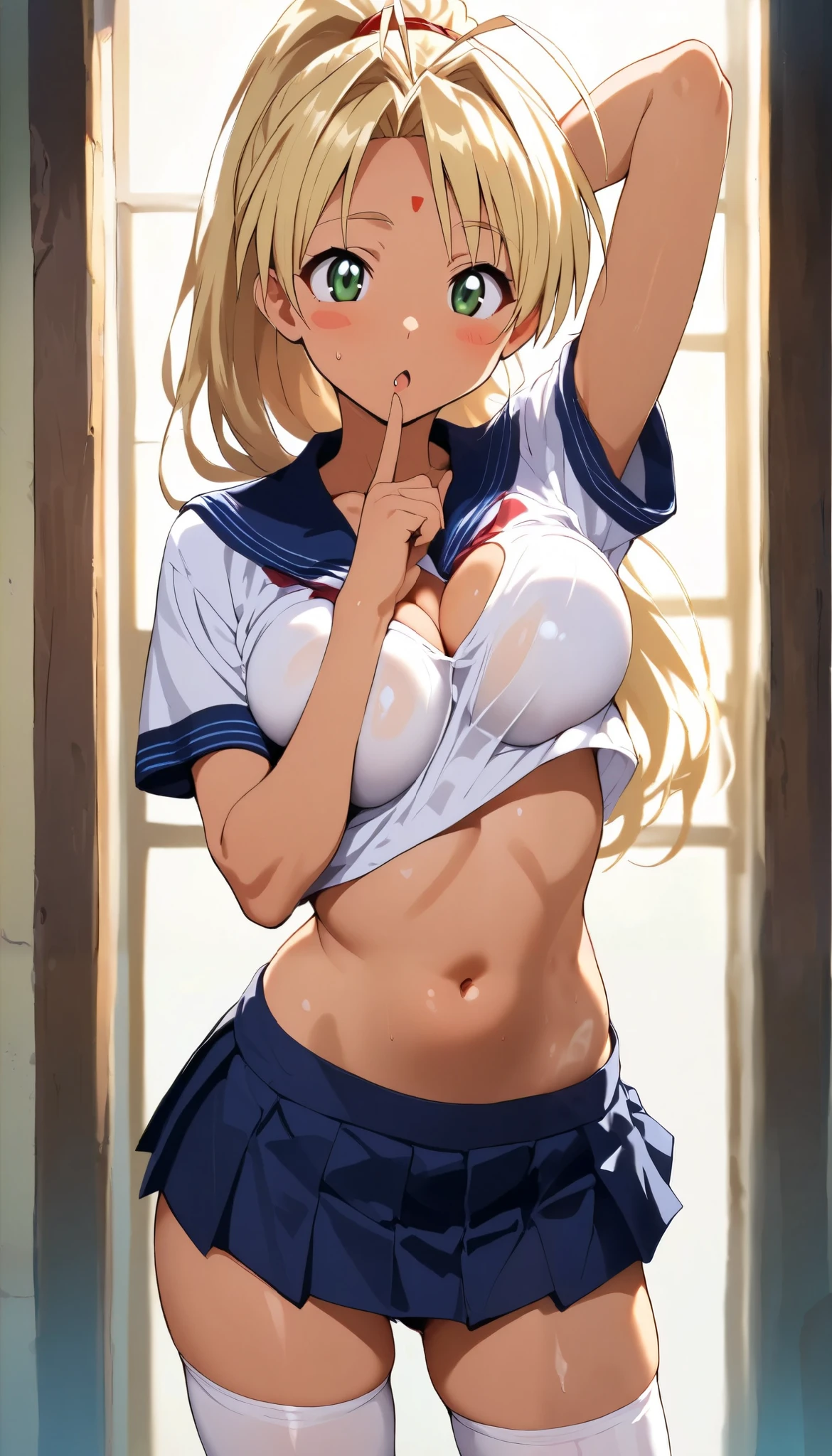 masterpiece, (1 woman), (((solo:1.8))), ((Micro thong:1.3)), (((under boob:1.3))),  ((Crop Top shirt:1.3)), sitting, ((spread legs, one knee up)), (Sailor school uniform only for the upper body), summer clothes, ((Red Ribbon Tie)), ((sheer white long thigh-high socks)), ((sheer long gloves))), Best Quality, High quality, High Definition, Finely detailed, Detailed texture, realistic representation of face, Realistic, Colorful,  (((ahegao:1.4))) , (((orgasm:1.7))), (((crying))), (((clenched teeth))), (drooling), ((steam)), (glowing eyes),  (Detailed beautiful delicate face, Detailed beautiful eyes, A perfectly proportioned face, High detailed skin, best ratio four finger and one thumb, (((Glowing white shiny skin))), (oiled skin), (large breasts), ((Smooth texture, Realistic texture, Photorealistic)), ((Green eyes)), blonde hair,  (Beautiful face, Cute face, Detailed face), on a bed