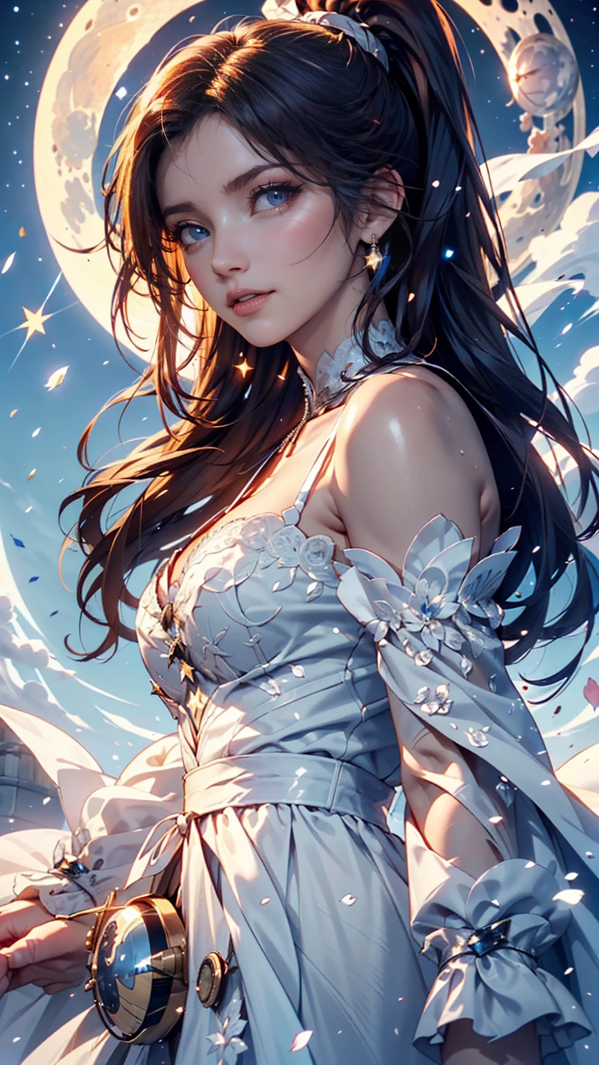 (best quailty, tmasterpiece), 1girlhugebreasts, lewd poses, Particle, the wind, florals, delicate leg,Long gray hair,hair adornments,Bow, simple backgound, looking looking at viewer,ssmile, galactic, The light from the back window is backlighted, rim-light, with light glowing --auto