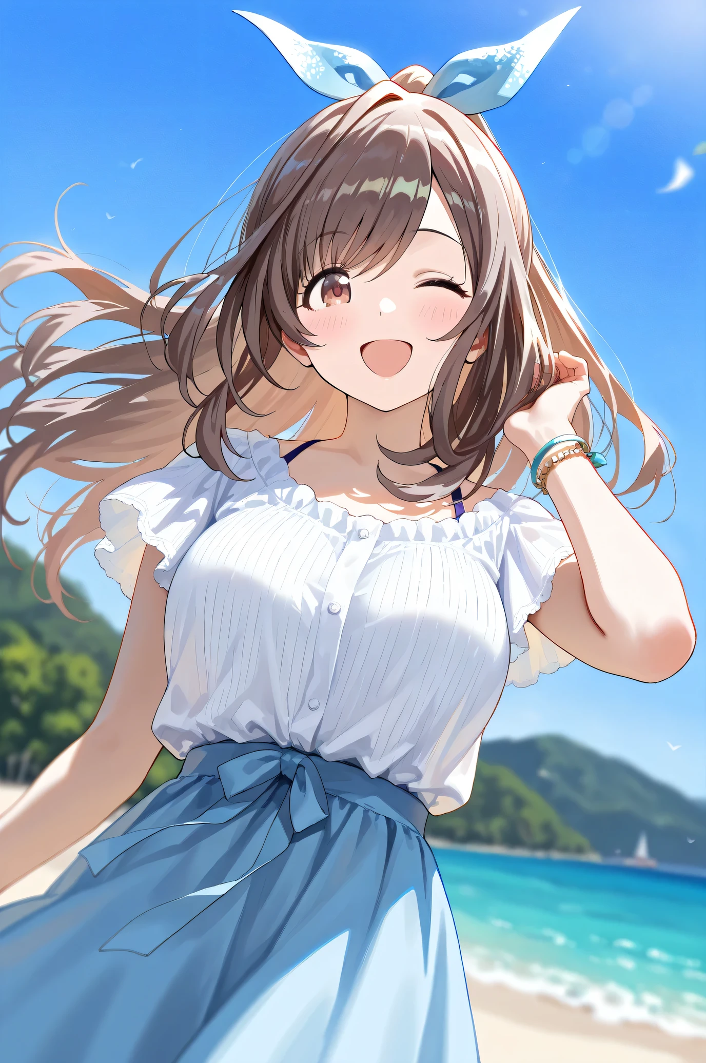 (Masterpiece:1.2), (Highest quality:1.1),
(Very detailed), (The best shape), (Best shadow), (Absurd), (Detailed Background), (So beautiful),
Shiny, Beautiful eyes in every detail, Extraordinary, Countershading, 8k, 32K, High resolution,
Very Detailed CG ,
Score_9, Score_8_up, Score_7_up, Source_anime,
(Pastel painting:1.2), (Watercolor painting:1.2),
(Masterpiece, Detailed:1.2), (Foreshortening:1.2),
Cinematic, Dramatic, (Depth of field:1.4),
(Blurry background:1.4), (Realistic background:1.4),
1 girl, Solo, Dynamic angle, (from below:1.1),
Outdoors, (Coast:1.2), Beach, Wind, (Blue sky:0.8),
Tsukioka Kogane,
the idolmaster shiny colors,
(Brown eyes:1.3), (Brown hair:1.1), Ponytail,
Hair ribbon, Light blue hair ribbon,
(Casual wear:1.3),
(Linen color shirt:1.4), Ruffled cuffs, (Shirt hem:1.2),
(Shirt with tied ends:1.3), short sleeves shirt,
Skirt, Blue skirt, (Gradient skirt:0.8),
Bracelet, Wear a bracelet on her right hand,
(Blush:1.3),
Portrait,
Close up shot,
(Belly button:0.5),
Happy, Smile, One eye closed,
Focus on face,
Realistic skin,
Shiny skin,