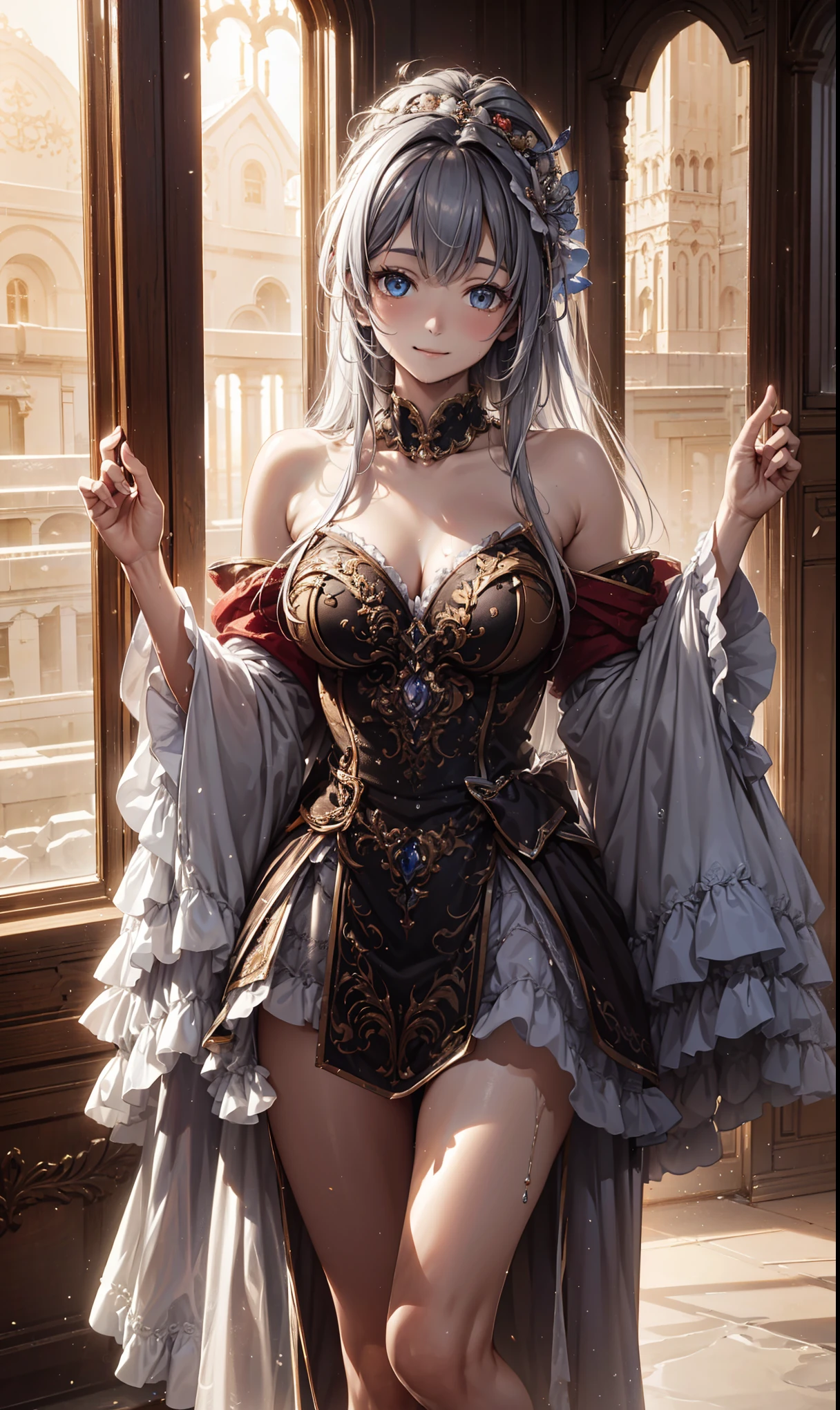 Girls in the Middle Ages、 Gold and silver embroidery、underwear姿、Translucent knee-length drawers(underwear)Wearing、Wearing a semi-transparent corset、 Grey translucent tights