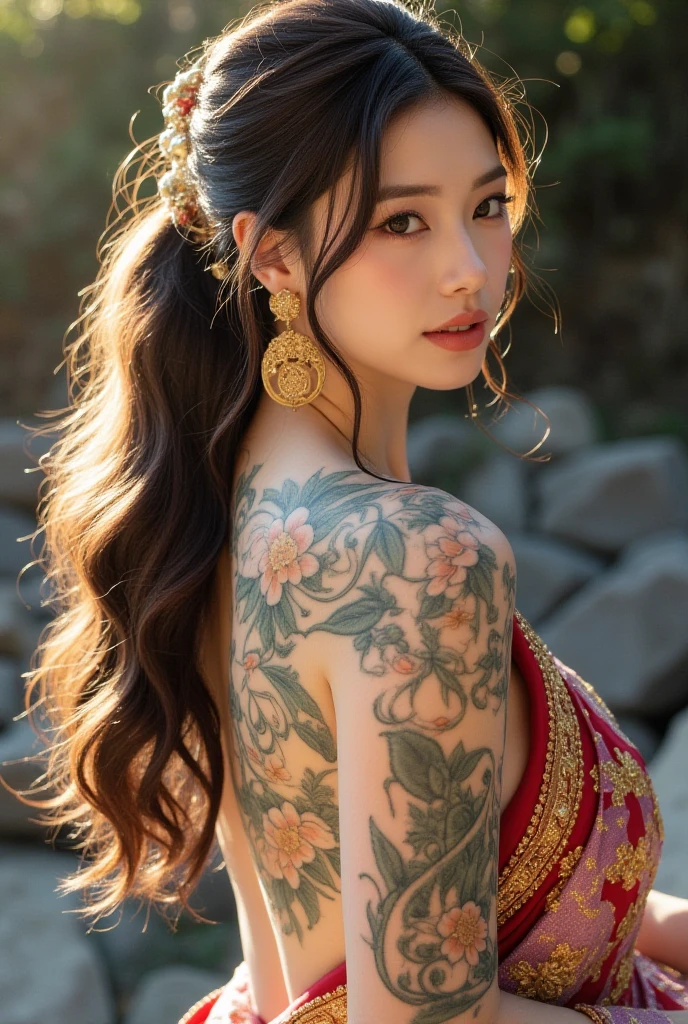 High resolution symmetrical images,    Japanese film photo of a woman with colorful tattoos on her waist, chest and arms,  Big mouth cleavage、(((Full body tattoos)))、 Large tattoo on the chest、(Lotus tattoo)、 (((close up chest, Underarm, 胸のAngle from below))), blonde braids, short hair, ((Art Nouveau)), (Ecstasy Face), (Alphonse Mucha), Small earrings, ((on the road, wood, Buildings in medieval Europe)), Angle from below、(Anatomically correct)、（Perfect body proportions)、(Natural Hands、Natural Fingers)、(Breast Goddess, Woman born from flowers, ((Round face)), Realistic Eye Size, Droopy eyes, smile,I&#39;m bathed in dazzling light

