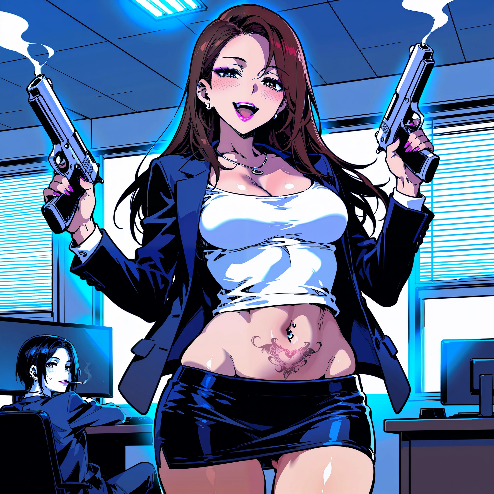 score_9, score_8_up, score_7_up, score_6_up, source_anime, BREAK, 2girl, two girls, , thin waist, wide hips, beautiful skin, piercing eyes, clear eyes, bright pupils, beautiful eyes, , medium breasts, natural beauty, extraordinary beautiful woman, attractive woman, super sexy woman, lustful body, sexy woman with seductive obscene body,,, ear piercing, long hair, blush, lipstick,Hot girl, baddie, smoking, sensual, attractive ,masterpiece, best quality, highly detailed,breasts,skirt,cleavage,long hair,skirt
suit,suit,formal,jewelry,necklace,micro pencil skirt,jacket,smile,makeup,looking at viewer,business suit,
lipstick,office lady,mature female,micro miniskirt,indoor,office,office lady ,smile, open mouth, (nsfw) not
safe for work, holding a gun, evil expression, exposed belly, exposed navel, exposed midriff, exposed
lower belly , holding pistol, lipstick, navel piercing, dragon tattoo, narrowed eyes, tattoo midriff, dual wielding,