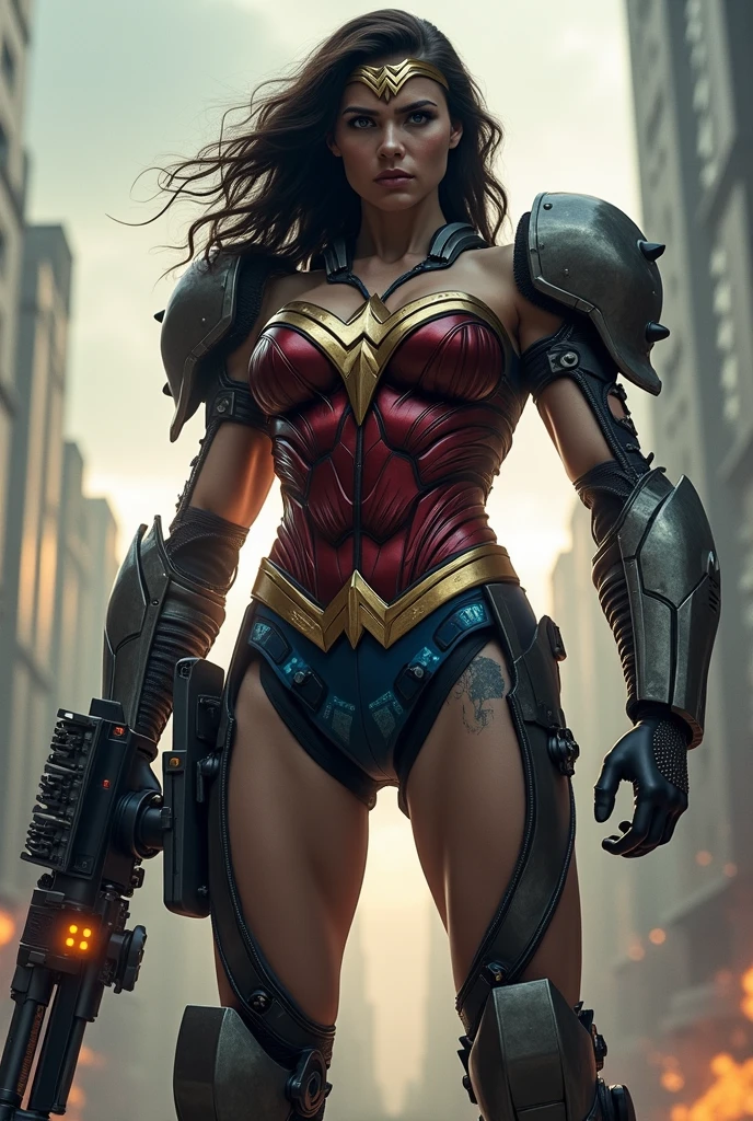 red armed wonder woman figure in sci-fi battle armor with cybernetic helmet, aiming on one knee, mask, sci-fi visor, bald head, armed figure, weapon in hand, aiming, plate armor, isolated armor, spacesuit, lots of small details, sci-fi movie style, on a ruined city street, overcast, photography, natural textures, natural light, natural blur, photorealism, cinematic rendering, ray tracing, highest quality, highest detail, Cinematic, Third-Person View, Blur Effect, Long Exposure, 8K, Ultra-HD, Natural Lighting, Moody Lighting, Cinematic Lighting --auto --s2