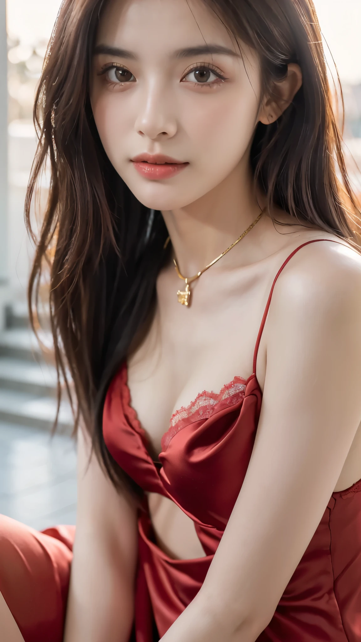 (highest quality、table top、8k、best image quality、Award-winning work)、(one young girl, 14 years old:1.3)、(Perfect V-neck red long knit sweater:1.2)、(red eyeshadow:1.2)、perfect makeup、long eyelashes、Super high-definition sparkling eyes、ultra high definition hair、ultra high resolution glossy lips、Super high resolution perfect teeth、Super high resolution cute face、brown hair、(very short straight hair:1.1)、look at me and smile、[clavicle]、accurate anatomy、(close up of face:1.5)、Luxury love hotel、(The most moody warm lighting:1.2)、blurred background、With bangs、Super high-resolution glossy and moisturized face、Super high resolution glowing skin、most detailed face、Ultra high resolution detailed faces、ultra high resolution hair、Super high resolution sparkling eyes、Beautiful face drawn in every detail、Super high resolution glossy red lips、big breasts、cleavage、Fashionable necklaces、camisole