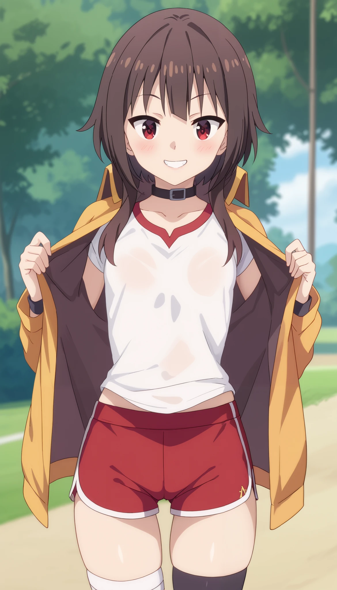 (masterpiece、 best quality、 very detailed))、 one girl、Megumin, Crazy Wizard, 1 Girl, Solo, Brown Hair, Long Short Hair, Red Eyes, Blush, Evil Smile, Black Choker, sport shirt, sport shorts, hick thighs, small breast,