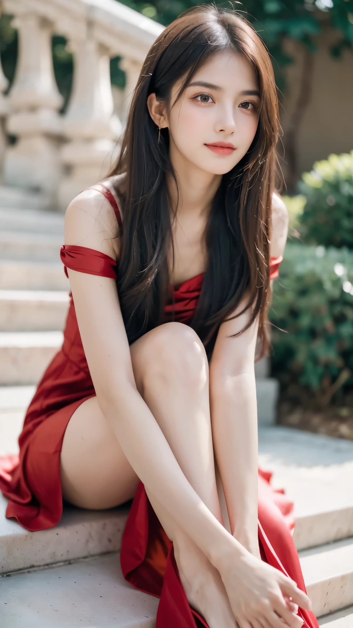 Masterpiece, Best Quality, Extremely detailed, Cinematic Lightning, intriciate detail, high resolucion, Official Art, Beautiful face and eyes with delicate details, high resolucion 그림, 8K, Bokeh, Solo, 1Girl, girl with red eyes,Black long hair, Beautiful red eyes, beautiful scenery, Rainy city, s whole body, looking up at viewer,Pantyhose,(((Pretty shoes)))