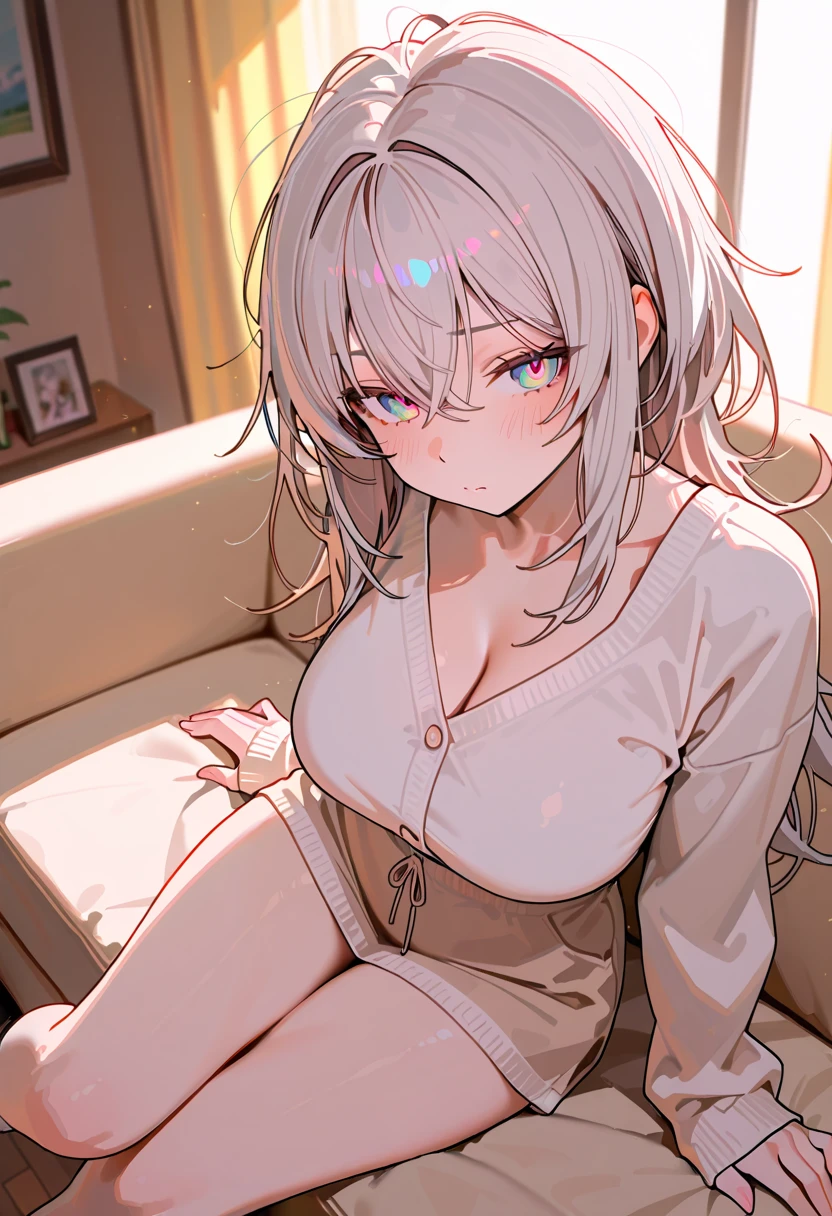 ((solo)), amazing masterpiece, top quality, high fashion, absurdres extremely, HDR, intricate details, vivid colors, very cute face, very cute girl, silver hair, messy hair, multicolored eyes, shining eyes, large breasts, blush, wearing clothing, indoors, living, couch