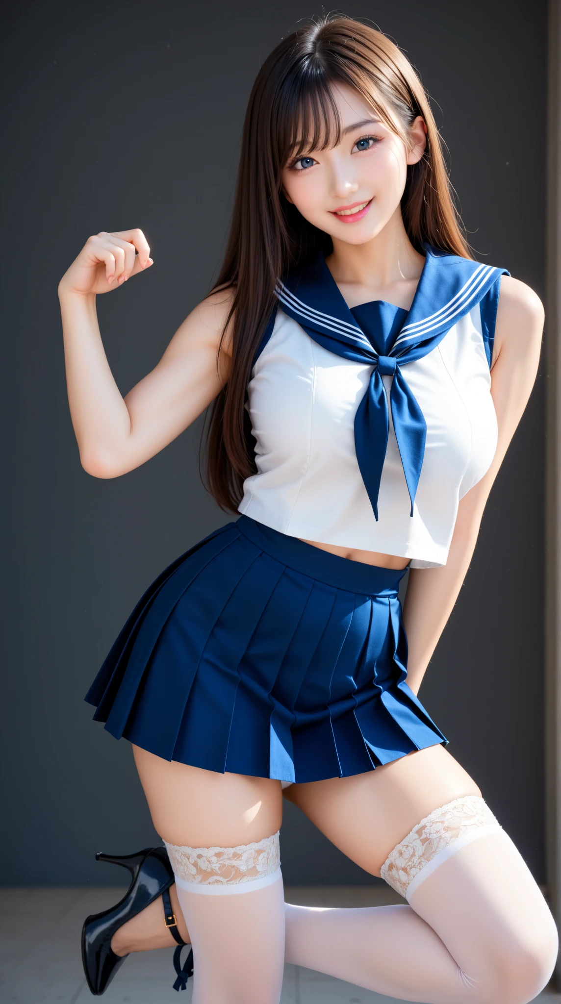 (best quality), ((1 woman)), High-Res fashion Photoshoot, ((sfw)), Sailor Moon, Usagi, Pretty Beautiful Mixed German Teenage Girl, Athletic Model Body, Long Redhair Twintails, Flawless Skin, Japan Highschool Girl Costume, blue medium skirt, (Full Shot:1.5), (front view:1.5), combining realism and beautiful anime influence, (full body), (fully cloth), (model pose), studio photography