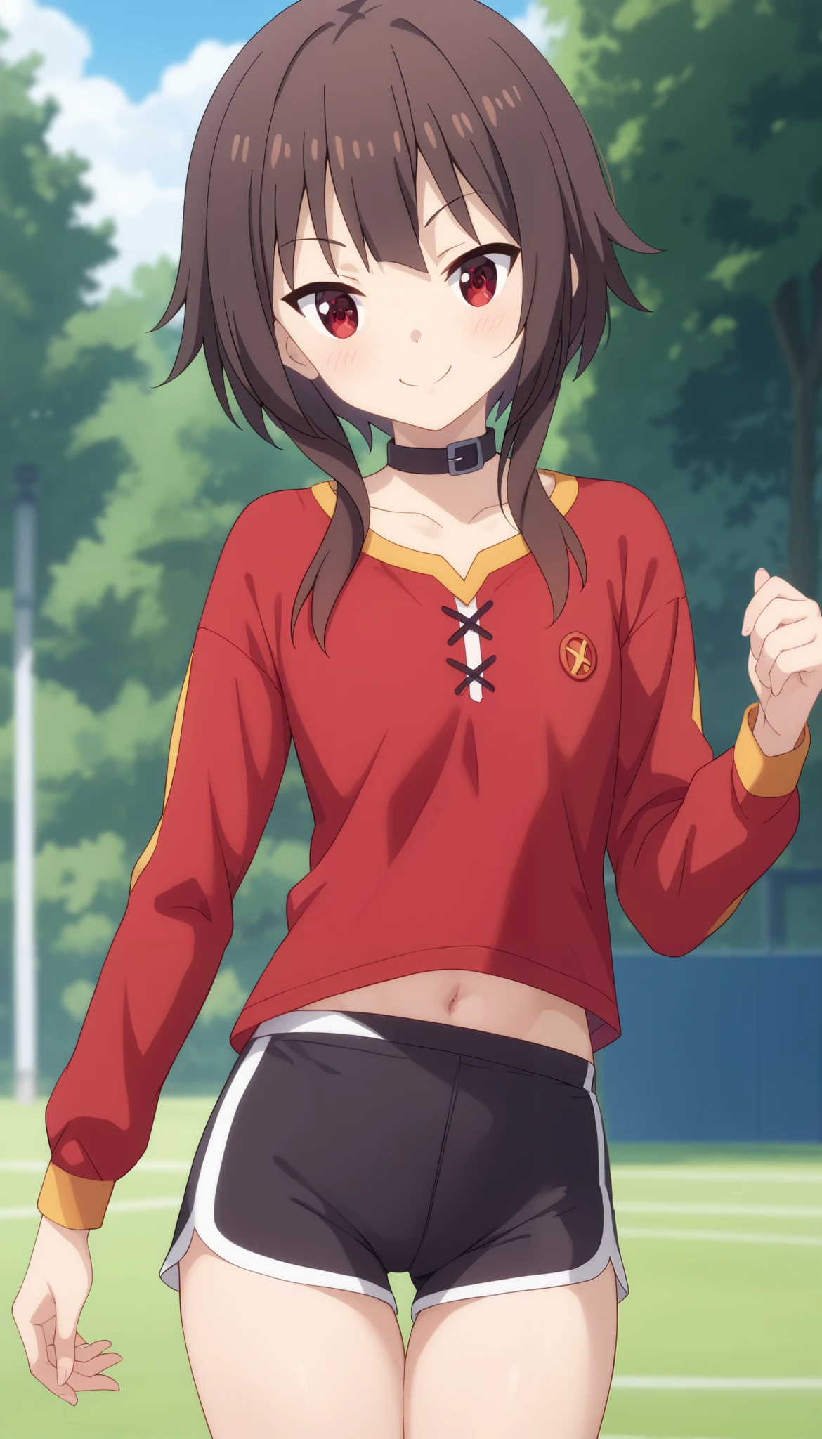 (masterpiece、 best quality、 very detailed))、 one girl、Megumin, 1 Girl, Solo, Brown Hair, Long Short Hair, Red Eyes, Blush, Evil Smile, Black Choker, sport red shirt, sport shorts, hick thighs, small breast,
