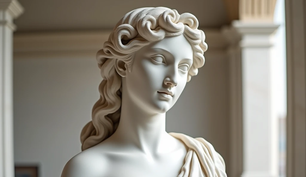 half-bust of Venus, in marble on a column, with loose hair and a laced corset with bare shoulders, facing the photographer, HD, anatomically correct, high quality, anatomically correct, best quality, best quality, HD