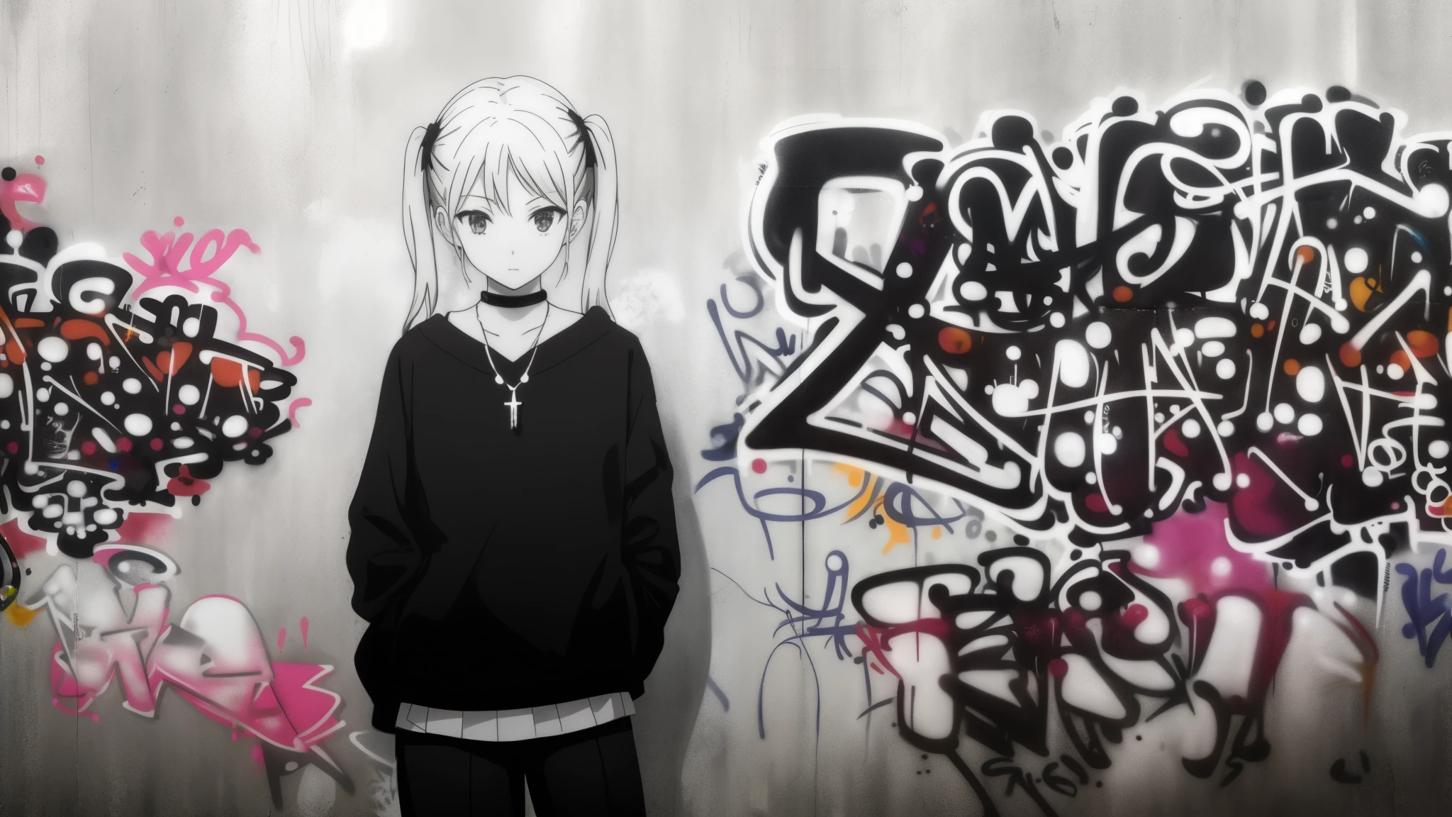 monochrome. gothic theme.  Masterpiece , best quality, 1girl, One, necklace, ( graffiti:1.5),  splashes of black and white paint , hands behind your back, stands against the wall, looks at the viewer,  black and white hair, pigtails