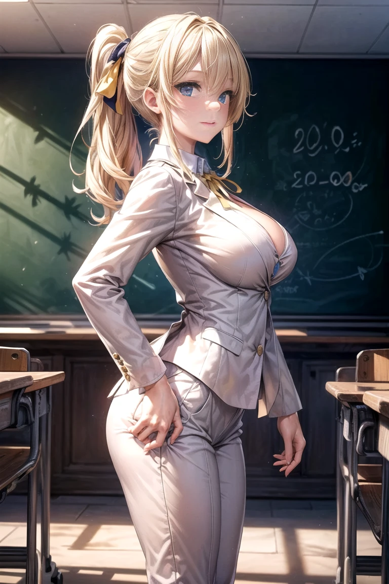 1girl,signora \(genshin impact\),huge breasts,back,back tattoo,sitting,long hair,office lady,lace-trimmed legwear,teacher,indoors,solo,tongue out,hand on hip,open mouth,blonde hair,eye mask,one eye covered,(masterpiece:1.4),(best quality:1.4),(shiny skin),red lips,mature female,milf, (photorealistic:1.4), (detailed beautiful girl:1.4), (sagging breasts:1.5),Detailed facial details, beautiful detailed eyes,