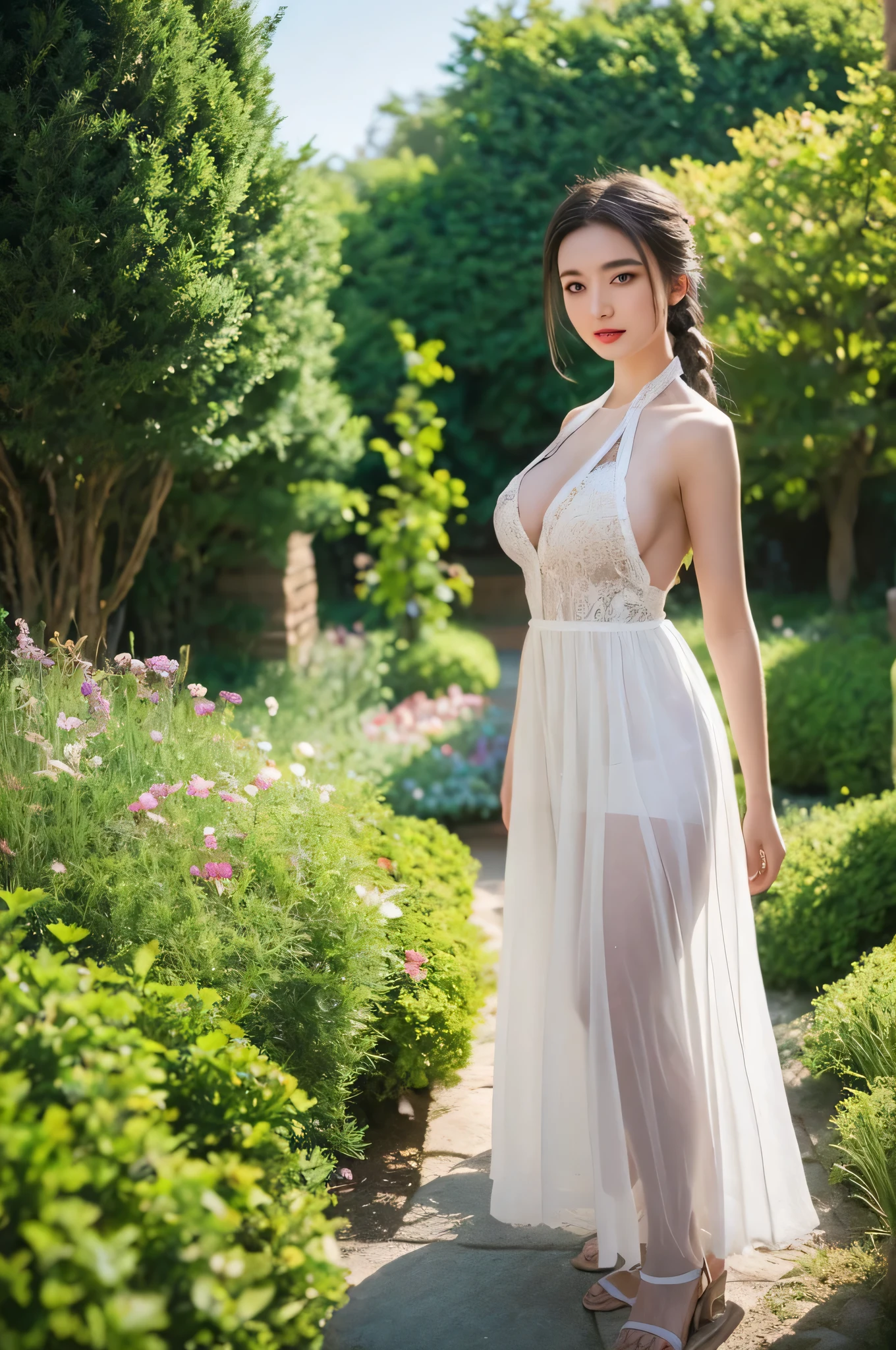 (top-quality, masterpiece: 1.1), 1girl in, The whole body from head to toe, In the hustle and bustle of the city, Backward pose with butt sticking out and legs apart, beauty of 30 years old, She is wearing a revealing ribbed solid slit dress......, Bewitching waist, sexypose, Looking at the camera, Transparent ribbed solid slit dress, Transparent ribbed solid slit dress with plunging neckline, No bra, Sexy Beauties, Nipple protrusions reflected in a ribbed slit dress, Crystal clear white skin, Gold accessories on hands and feet, skin glistening with sweat, Black stockings, high-heels,