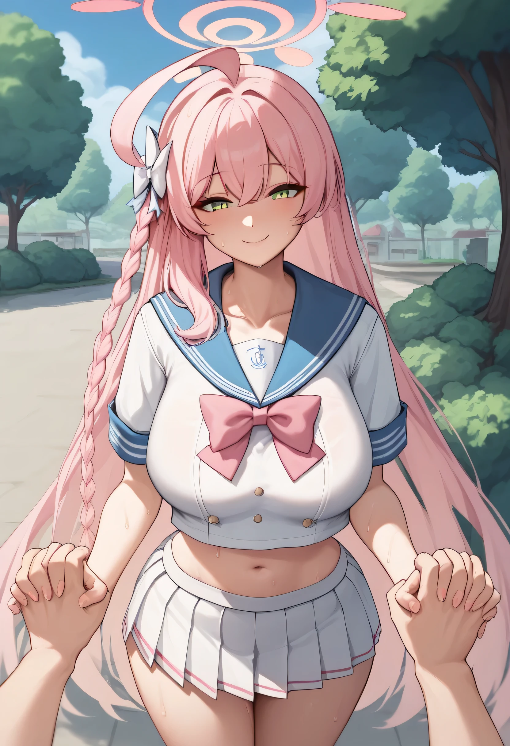 1boy, 1girl, 1other, ahoge, blue sailor collar, bow, bowtie, braid, breasts, green eyes, closed mouth, collarbone, facing viewer, fingernails, hair between eyes, hair bow, halo, hanako \(blue archive\), holding hand, interlocked fingers, large breasts, long hair, multicolored hair, navel, outdoors, pink bow, pink bowtie, pink hair, pink halo, pleated skirt, pov, pov hand, sailor collar, school uniform, serafuku, shirt, short sleeves, single braid, skirt, smile, sweat, very long hair, white bow, white serafuku, white shirt, white skirt , cowboy shot, very short skirt, temptress, slutty, hand on back, tree, bushes, town, a lot of vegetation,  ((wide hips)), light skinned male
