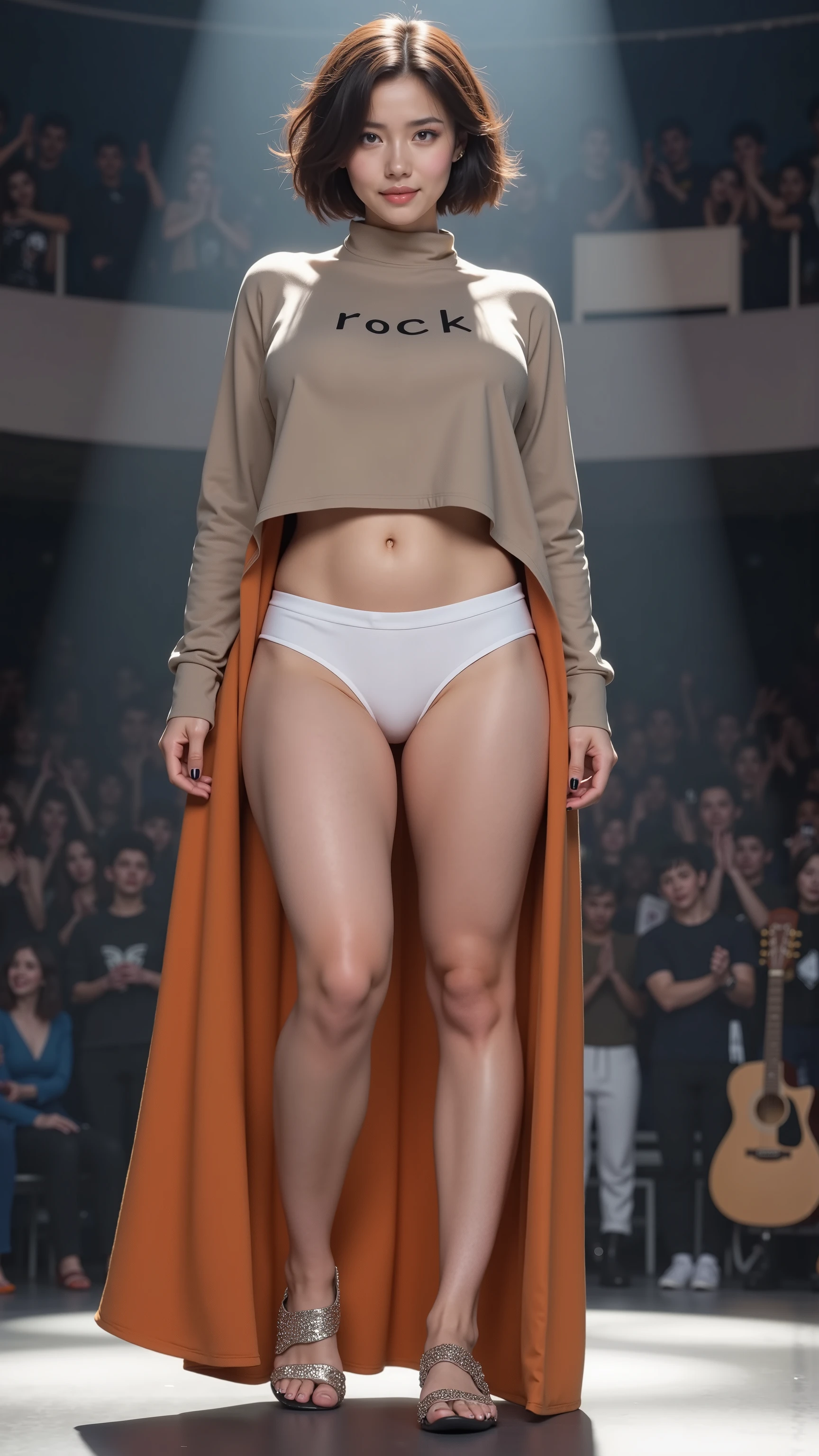 Beautiful French women,vertical viewing angle,Short hair with small volume curls,Oversized boobs, big ass, thin waist, , The curve is obvious, full body,Beige high neck long sleeve hip-covering long dress,Beveled Edge Design,with the word rock,loose modal fabric(Modal fabric),double layer fabric design,The inside of the dress is light blue,The outside of the dress is orange,Cover bust,white slim yoga shorts((Exposing genitals,Raised) Huge Camel Toe ,Abalone line 、Camel Hoof )), Super Details, high resolution , Super Detailsed, is the best quality, are amazing, High quality, Extremely Detailed CG Unity 8k , perfect lighting ,, Get the Best Quality , The picture should be ultra-high definition and clear and sharp,stand on the stage and dance to rock music,so happy crazy,A beam of light shines down from the top of the head,Movie-grade light and shadow,Surrounded by spectators ,came very close,Standing on stage with crazy clapping