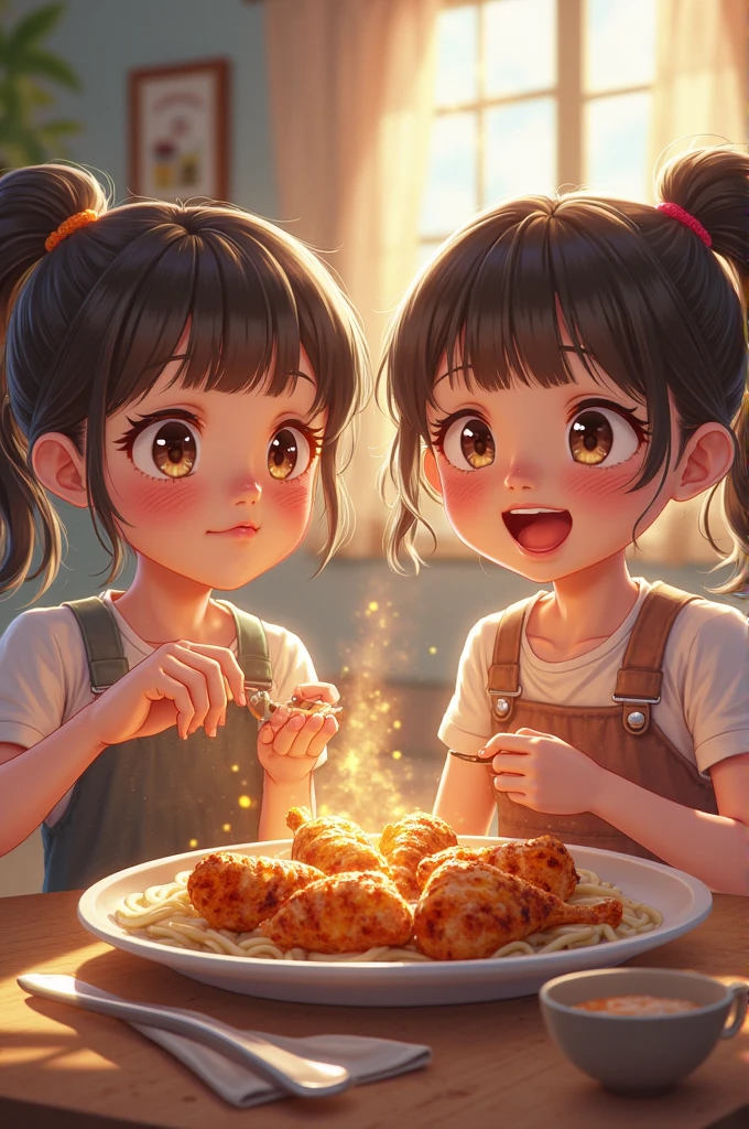 Girls eating chicken
