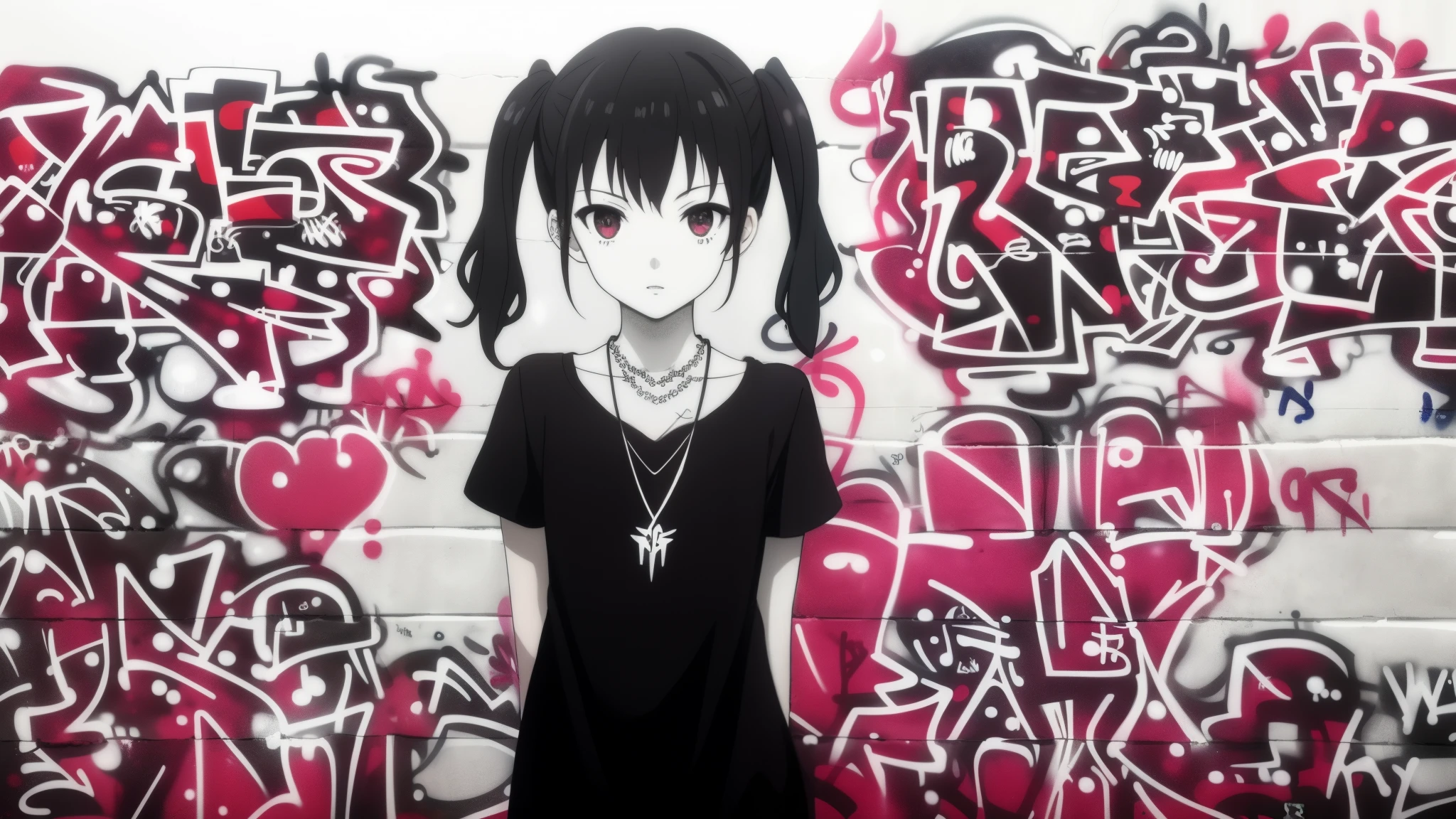 monochrome. gothic theme. Masterpiece , best quality, 1girl, One, necklace, ( graffiti:1.5), splashes of black and white paint , hands behind your back, faces the viewer , looks at the viewer, black and white hair, pigtails, black wall , черно-белое Babymetal graffiti