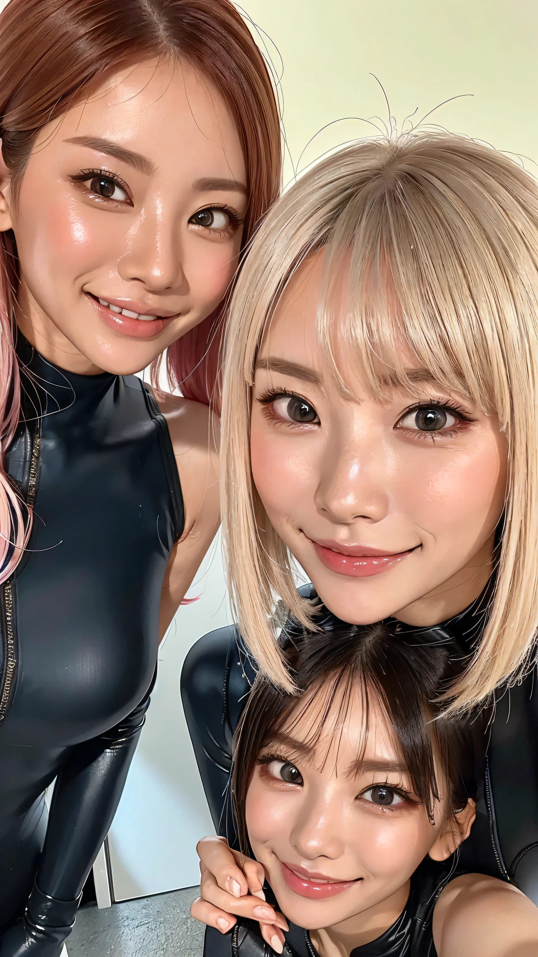   look at me、look at me with a smile            、vision、        two beautiful women   、Looking at Us Closer、looking at us with their faces close to the front、I'm looking at my beautiful platinum-colored hair at an angle 、close to the front            、           black wetsuit                                      、                                               、                                           、                     、                  