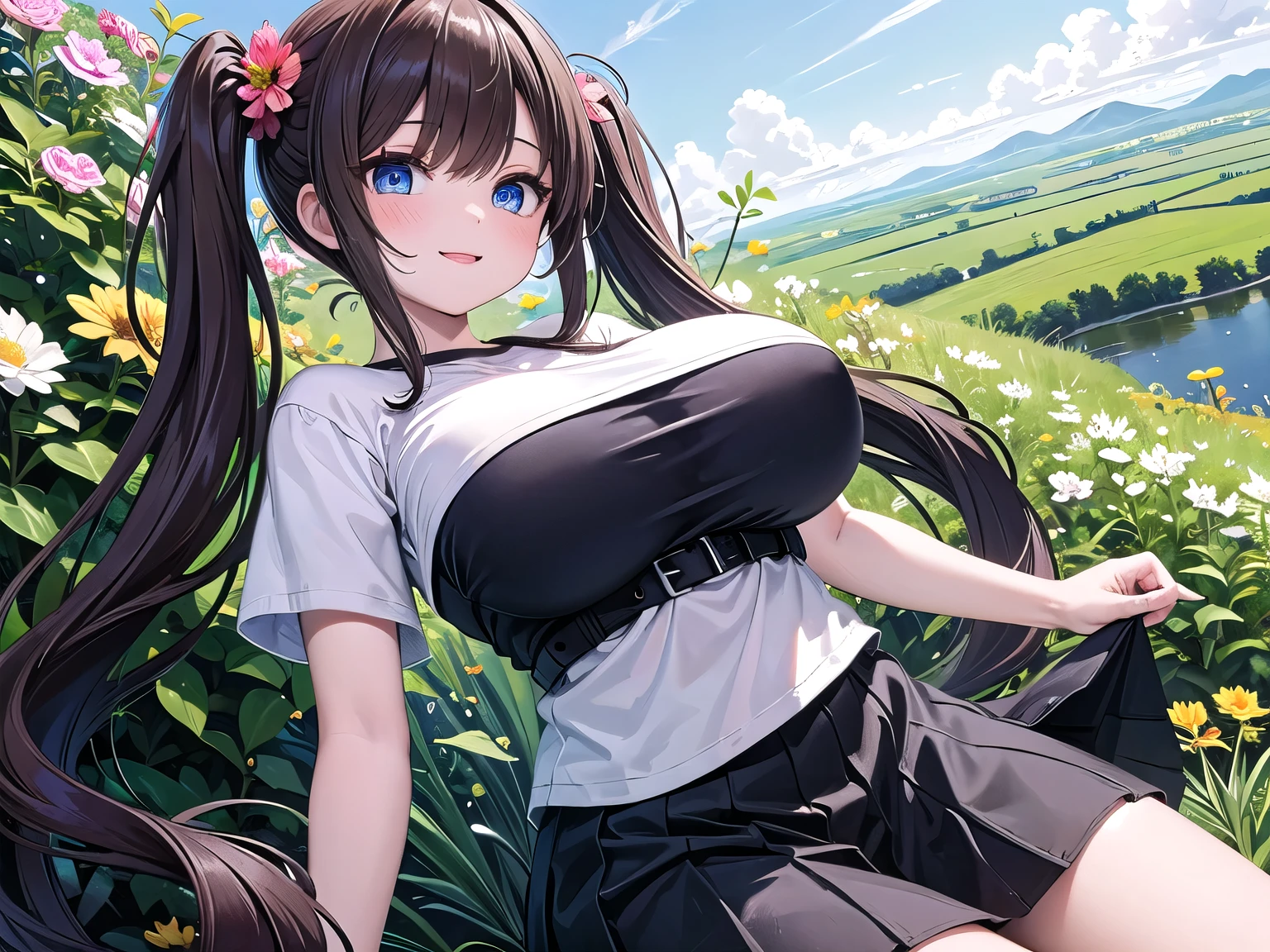 (masterpiece, best quality), (absurdres absolutely resolution), (8k), (detailed beautiful face and eyes), (detailed illustration), (super fine illustration), (vibrant colors), (professional lighting), (more_details:1.5), 1girl, sara, himekawa sara, solo, dark vanilla hair, hair buns, yellow eyes, pupils, detailed eyes, expressive eyes, (blush:1.5), looking at viewer, breasts, large breasts, cleavage, shirt, skirt, downblouse, loose t-shirt, leaning forward, blue skirt, denim skirt, shoes, sneakers, outdoors
