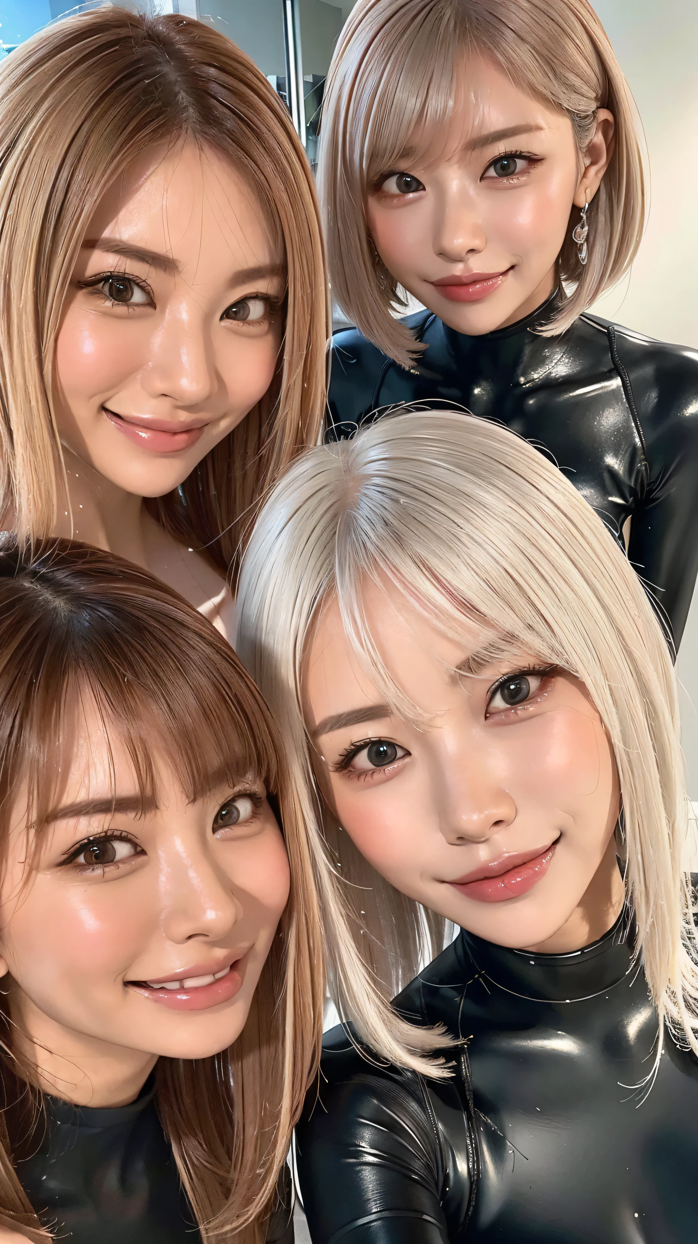 look at me、 big nipples , huge nipples,look at me with a smile 、vision、 two beautiful women 、Looking at Us Closer、looking at us with their faces close to the front、I'm looking at my beautiful platinum-colored hair at an angle 、close to the front 、 black wetsuit 、 、 、 、