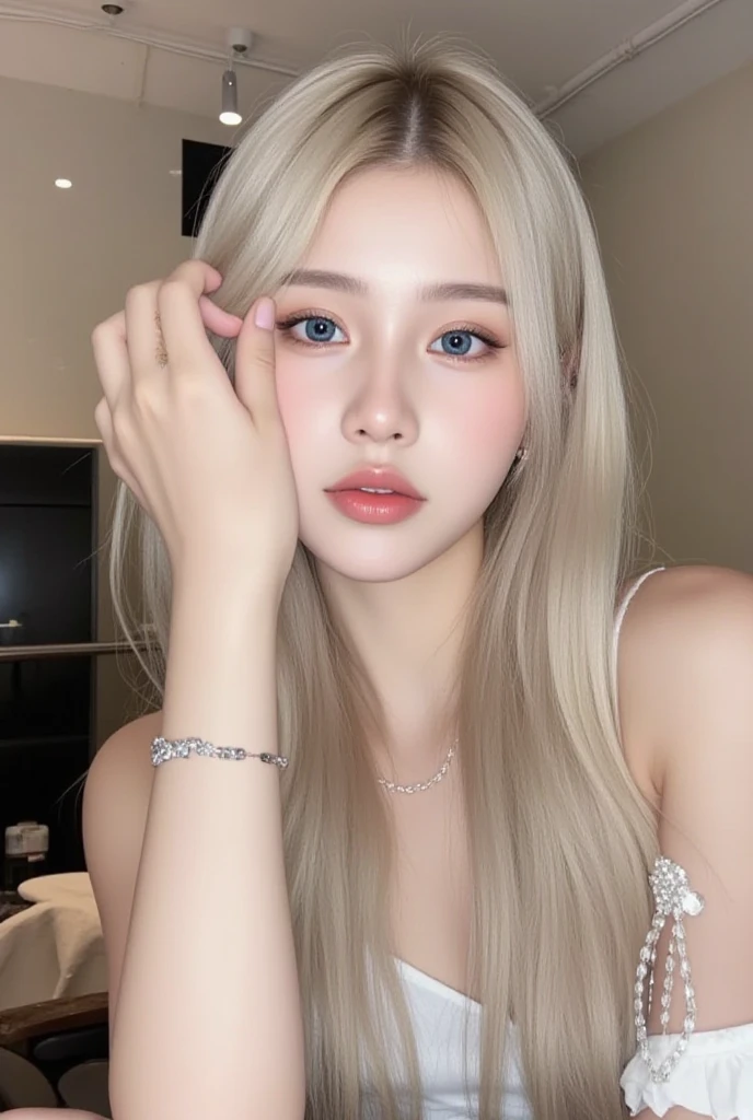 (realistic、masterpiece、Best Quality、8K、highres、white background, high resolution:1.3)、1 chubby girl:1.3)、looking at viewers, black lace bikini、pale white skin、very blond hair ,very pale skin, extremely pale blonde hair, ivory pale skin, very white skin, pale skin, very pale white skin, very pale white skin,white skin and pale porcelain, white and pale skin, fair and pale skin!!, long blonde hair, looking at viewers、super fine face and eyes、long blonde hair、indoor、 upper body、