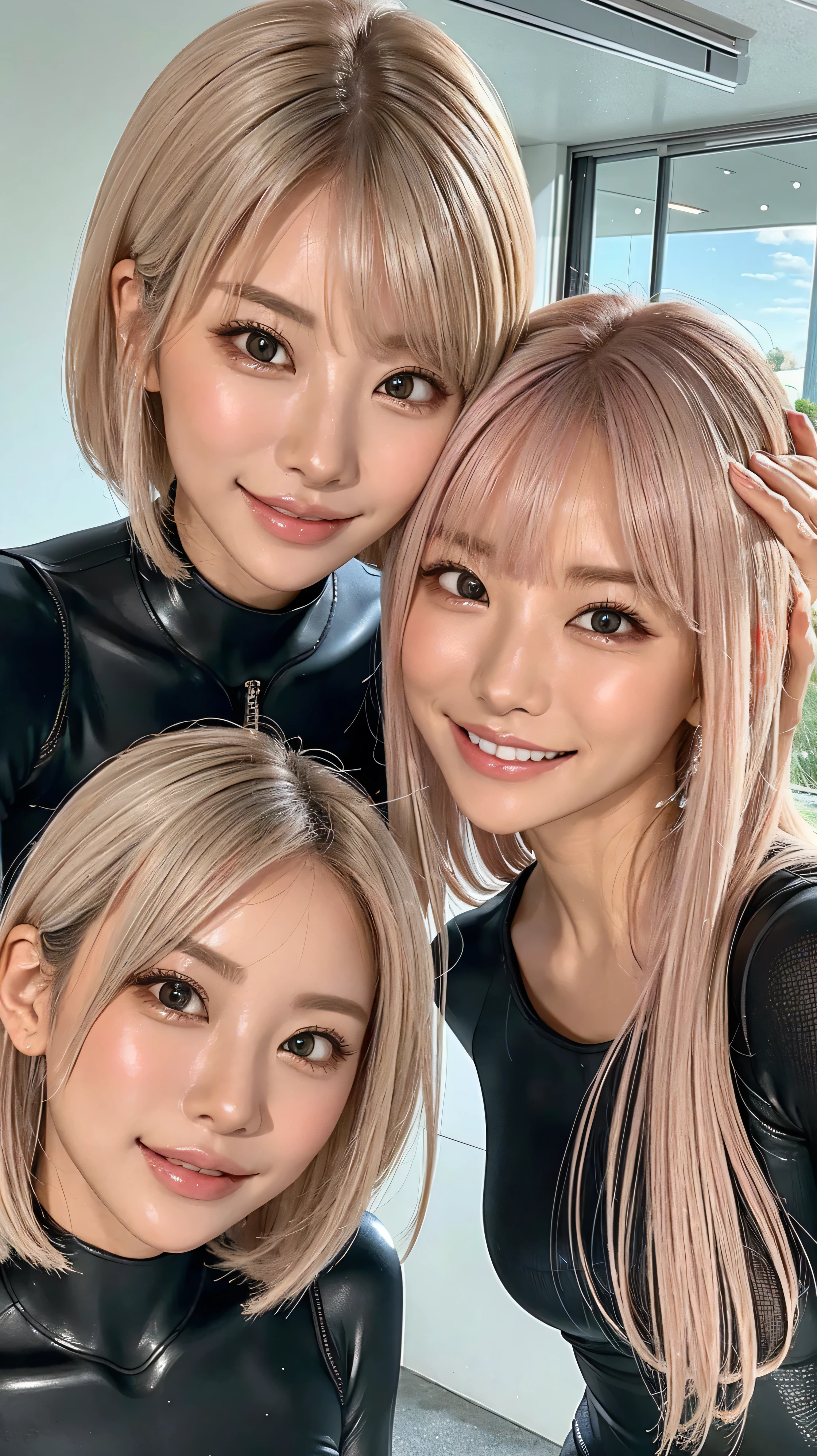 look at me、look at me with a smile 、vision、 two beautiful women 、Looking at Us Closer、looking at us with their faces close to the front、I'm looking at my beautiful platinum-colored hair at an angle 、close to the front 、 black wetsuit 、 、 、 、