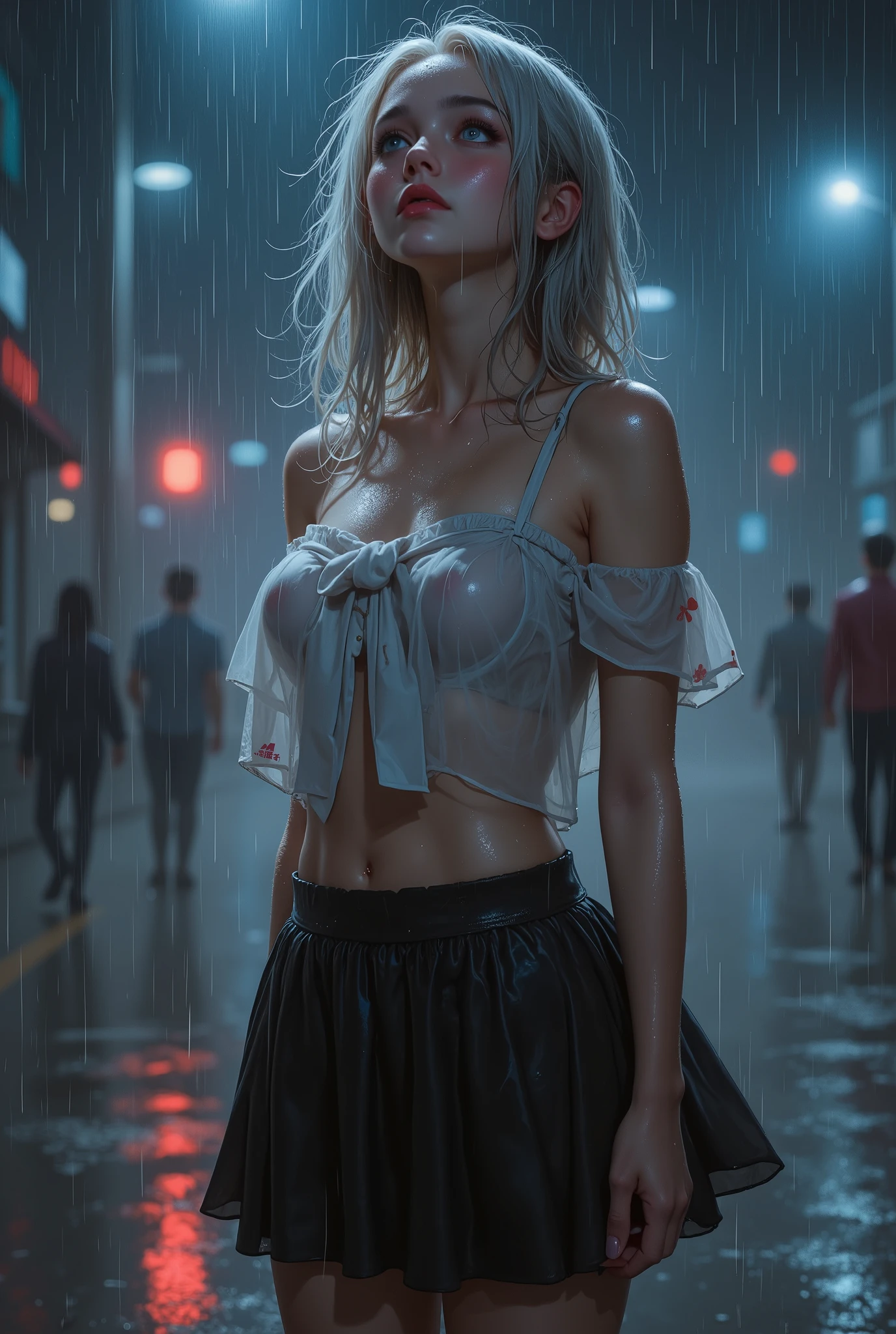 Young Korean Woman standing, ((on city street)), ((fully clothed)), ((overcoat)), ((v neck t shirt)),((barefoot)), black miniskirt, blonde short hair, slim build,jewelry, large earrings, late night, detailed background, dark, busy street, cinematic, neon light, masterpiece, best quality, RAW photo, up close, zoomed in, photorealistic, ((looking at viewer)), see through,dripping wet, beautiful realistic photo, hyperrealistic fantasy photo, close up, tight frame, 8k, ultra detailed, detailed skin, blue eyes, freckles, ((drenched)), ((soaked)), (dripping water), sagging clothes, wet street, wet all over, wet dripping hair, pov, (posing for photo) portrait, close-up, bottom angle, mist, ((heavy rain)), ((misty rain)), rain on face, wet face
