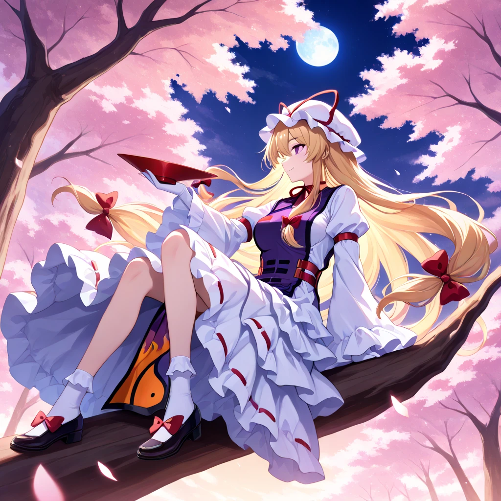 (masterpiece, best quality), (absurdres absolutely resolution), (8k), (detailed eyes:1.3), (beautiful eyes:1.3), (detailed illustration), (super fine illustration), (vibrant colors), (professional lighting), 8k, high res, (nice hands, perfect hands), 2 girls, pair, Yakumo Yukari, white mob cap, blond hair, long hair, purple eyes, smile, closed mouth, hair ribbon, elbow gloves, purple dress, puffy sleeves, wide sleeves, ribbon choker, white dress, white skirt, purple tabard, holding a red sakazuki, sit in a gap, looking at viewer, look side, sitting on the front right as viewed from the viewer, focus on Yakumo Yukari, BREAK BREAK sitting on a tree trunk, ibuki suika, touhou, light brown hair, low-tied very long hair, brown eyes, smile, closed mouth, brown horns, white sleeveless shirt, wrist cuffs, purple long ribbon-trimmed skirt, red hair bow, red bowtie, chain, socks, shoes, a purple gourd, holding a red sakazuki, raise the arm holding the sakazuki, profile, look front, look away, sitting far to the left when viewed from the viewer, BREAK BREAK rocky mountain in the distance, night, night sky, moon, haze, from fromt, score_9, score_8_up, score_7_up, source_anime, luminous reflections, HDR-like contrast, vibrant color palette, glowing lights, vibrant reflections, surreal lighting, HDR effect, cinematic vividness, intensely saturated lighting effects, 4k, 8k, Ultra HD, Masterpiece :1.2, Best quality :1.2, Detailed :1.5, Detailed background :1.5, light, shine colorful,