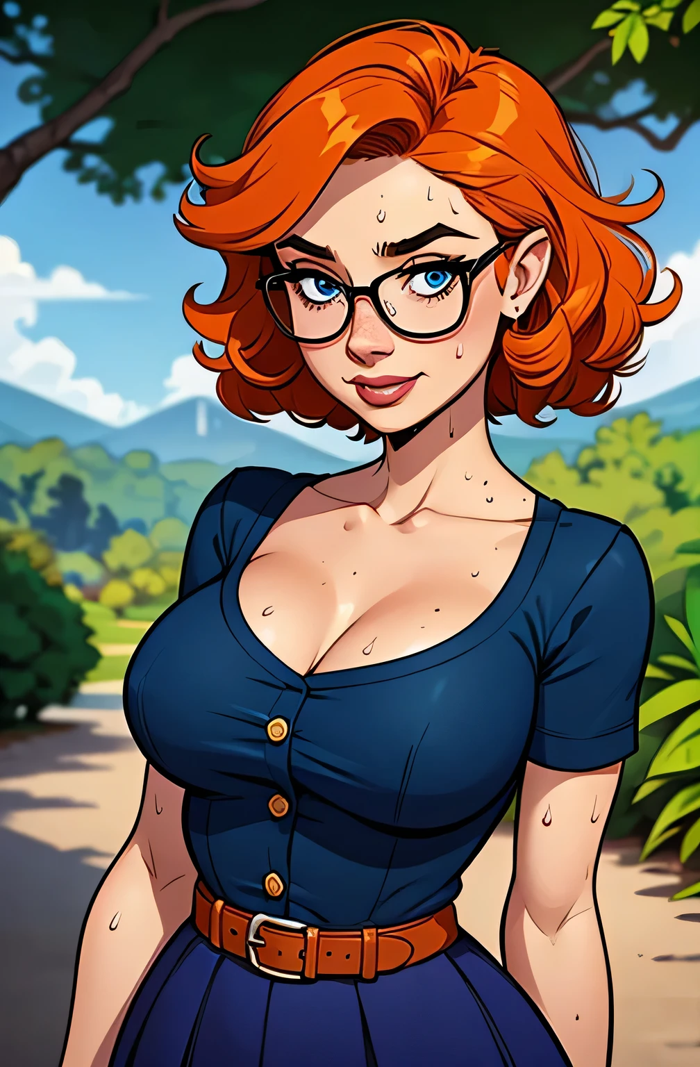 Thin woman, Waist slender, beautiful smiling, 4K (High definition), teacher with green boat neck shirt, necklace with red diamond, black belt, long green curly skirt, Caucasian skin, round glasses, shoulder length wavy red hair (using bandana), eyes browns, busty with freckles. comic style, white background.