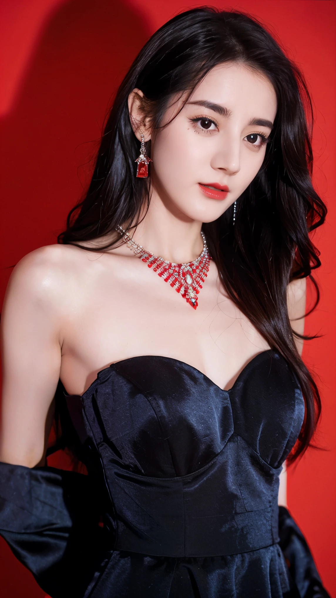 Ultra HD resolution，artistic photos，Photography，21year girl,earrings,long hair,Red background,Black backless dress,necklace,cowboy shot,H cup，Showing cleavage，Expose more breasts，Amazing breast size，Bigger breasts