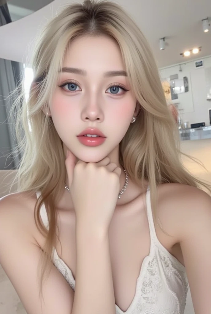 um close up de uma mulher com longos cabelos loiros e um colar, linda Delphine, her face looks like an orchid, 19-year-old girl, ela tem um rosto bonito, jovem amouranth bonito, jennie do blackpink, 18 anos, Retrato de jennie kim, cabelos loiros e olhos grandes