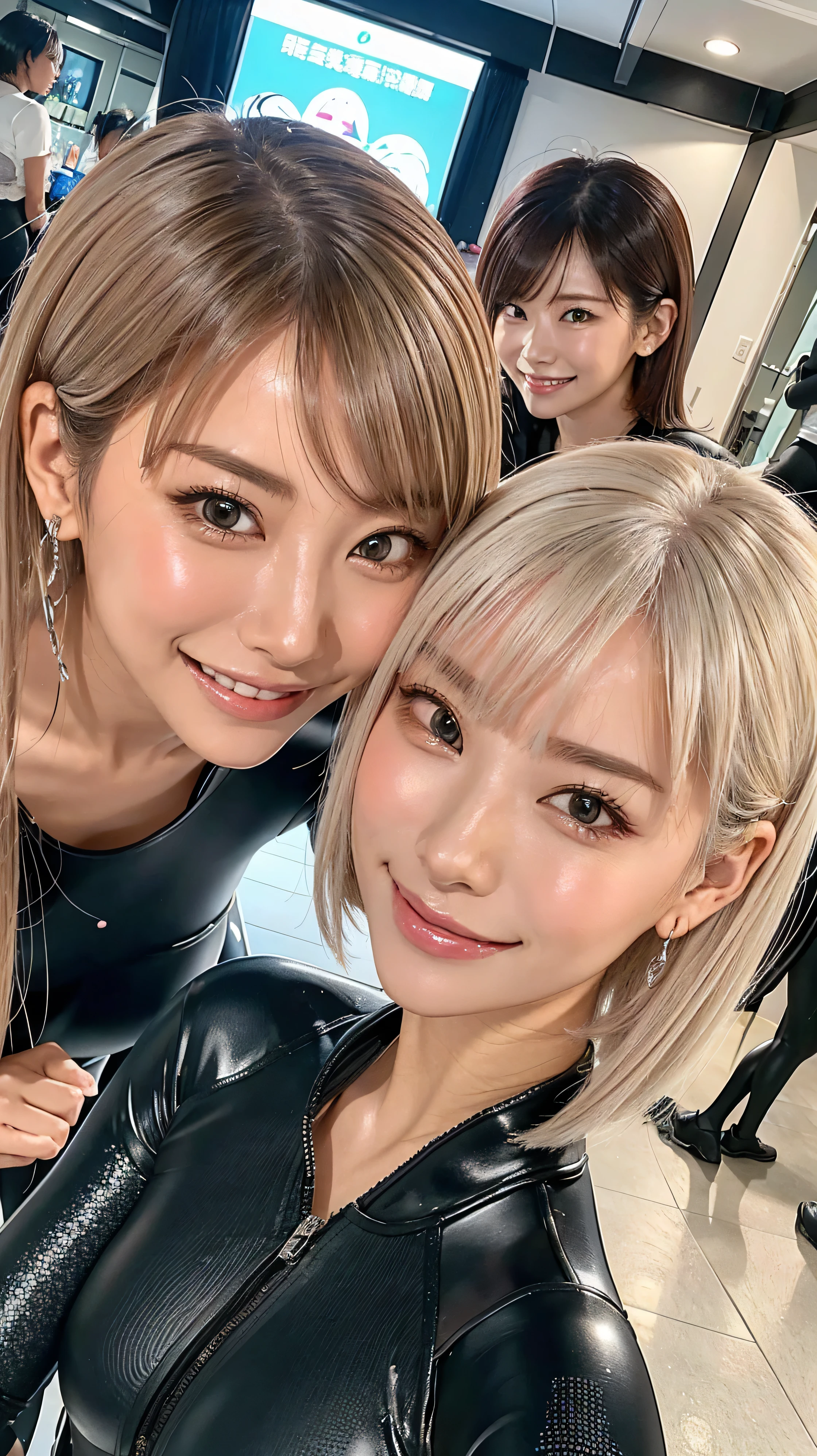 look at me、look at me with a smile 、vision、 two beautiful women 、Looking at Us Closer、looking at us with their faces close to the front、I'm looking at my beautiful platinum-colored hair at an angle 、close to the front 、 black wetsuit 、 、 、 、