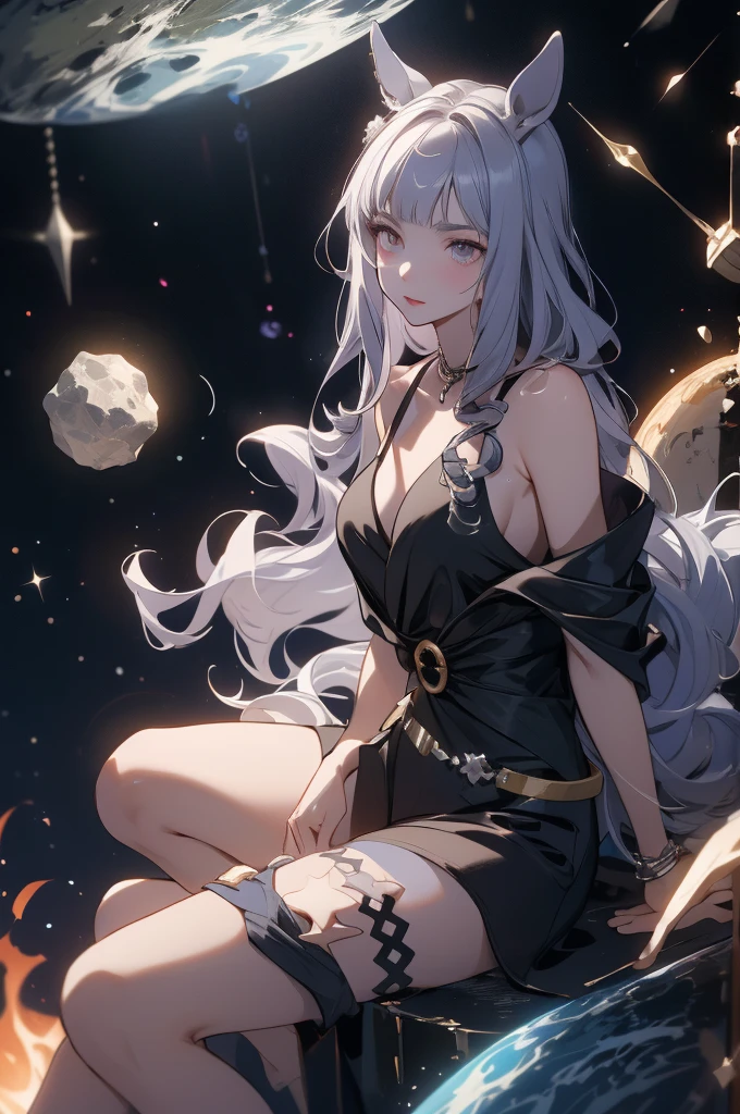 Woman with very long wavy galaxy hair tan skin, massive breast, wearing a beautiful dark majenta glitter dress and smiling up. Little, surrounded by outerspace, planets, and galaxies