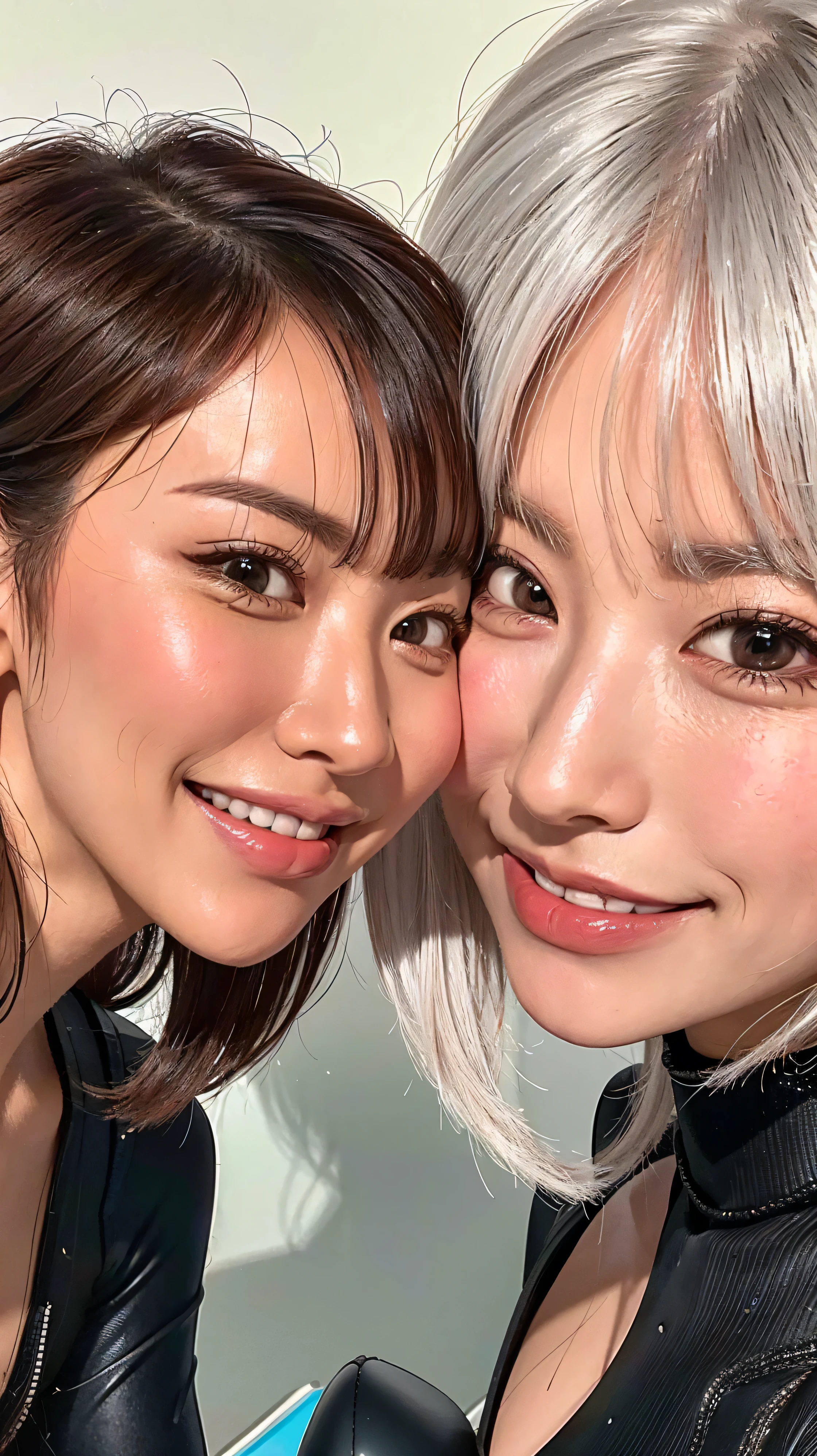 look at me、 ,Full zoom in,face close-up、look at me with a smile 、vision、 two beautiful women 、Looking at Us Closer、looking at us with their faces close to the front、I'm looking at my beautiful platinum-colored hair at an angle 、close to the front 、 black wetsuit 、 、 、 、
