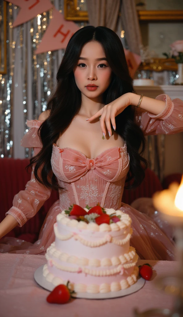 (best quality, masterpiece, ultra-detailed, illustration),(8K wallpaper),(beautiful detailed eyes), beautiful, amazing, detailed eyes, (detailed skin), ((purple hair)) and (black hair: 0.5), striped hair, highlight hair, straight hair, red eyes, long hair, perfect hands, perfect fingers, (((big breasts:1.2))), (neon eyes), (growing eyes), stylish cafe, (((shirt, corset, shorts))), ((Strawberry parfait)), eat the parfait deliciously with a spoon, clean line art, shiny hair, portrait, panorama shot, cinematic angle, dynamic angle,