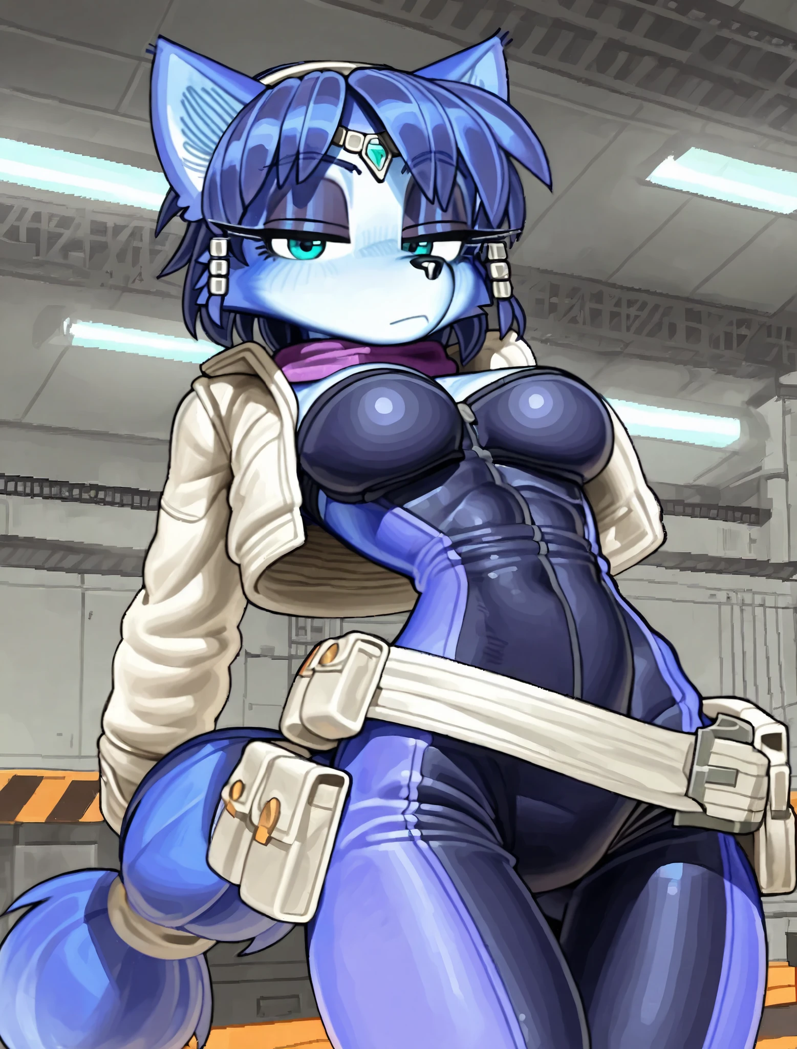 ((Krystal)), ((pixelsketcher style)), ((wamudraws style)), ((masterpiece)), ((high resolution)), ((solo portrait)) {(attractive figure), (toned body), (slim waist), (hip bones), (blue fur), (black nose), (pointed fox ears), (blue hair), (hair accessories), (turquoise eyes), (lidded eyes), (indigo eyeshadow), (long eyelashes), (calm look)}, {(navy blue bodysuit), (white jacket), (purple scarf), (utility belt)}, {(looking at viewer)}, ((hangar)), ((space