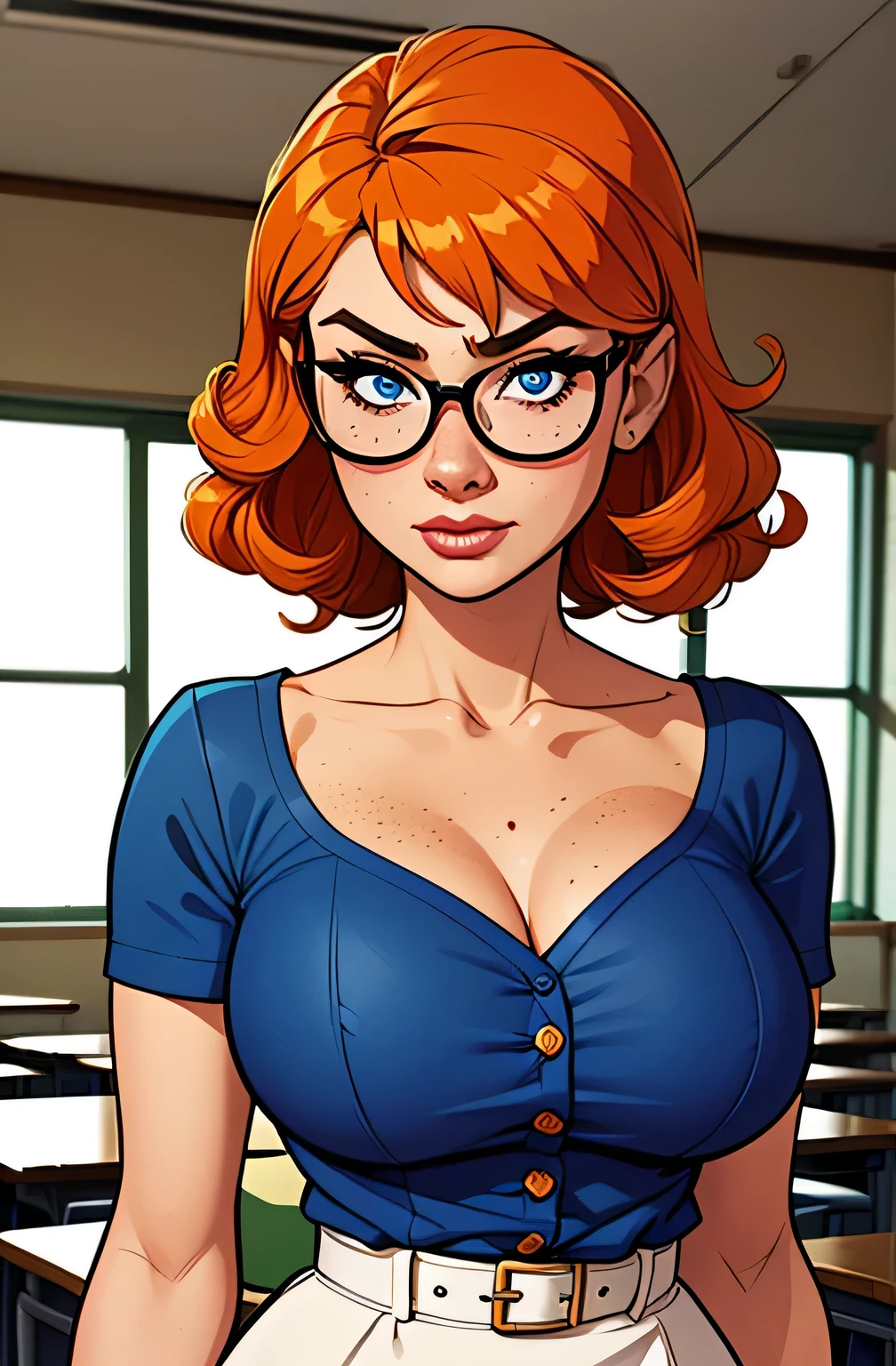 cartoon style:1.2), woman, Krista Allen, draw ART Artline, background a library with bookshelves, spanish woman, woman cartoon, sexy clothes , fearless and super brave girl , cartoon style illustration, cartoon art style, cartoon art style, digital illustration style, very detailed character design, cute detailed digital art, City fan art, portrait character design, linda digital illustration, High quality portrait, comic art, character design portrait, library background. Busty without clothes and very big breasts, perky tits, Cartoon style female character dressed as sexy schoolgirl, Beautiful character pose in dynamic pose, wearing glasses, schoolgirl uniform, deep cleavage, very short skirt, white thong, long stockings, beautiful breasts, well defined body, delicate and sensual, perfect hands, perfect fingers, full lips, long hair red head, cartoon style, digital illustration, J. Scott Campbell style