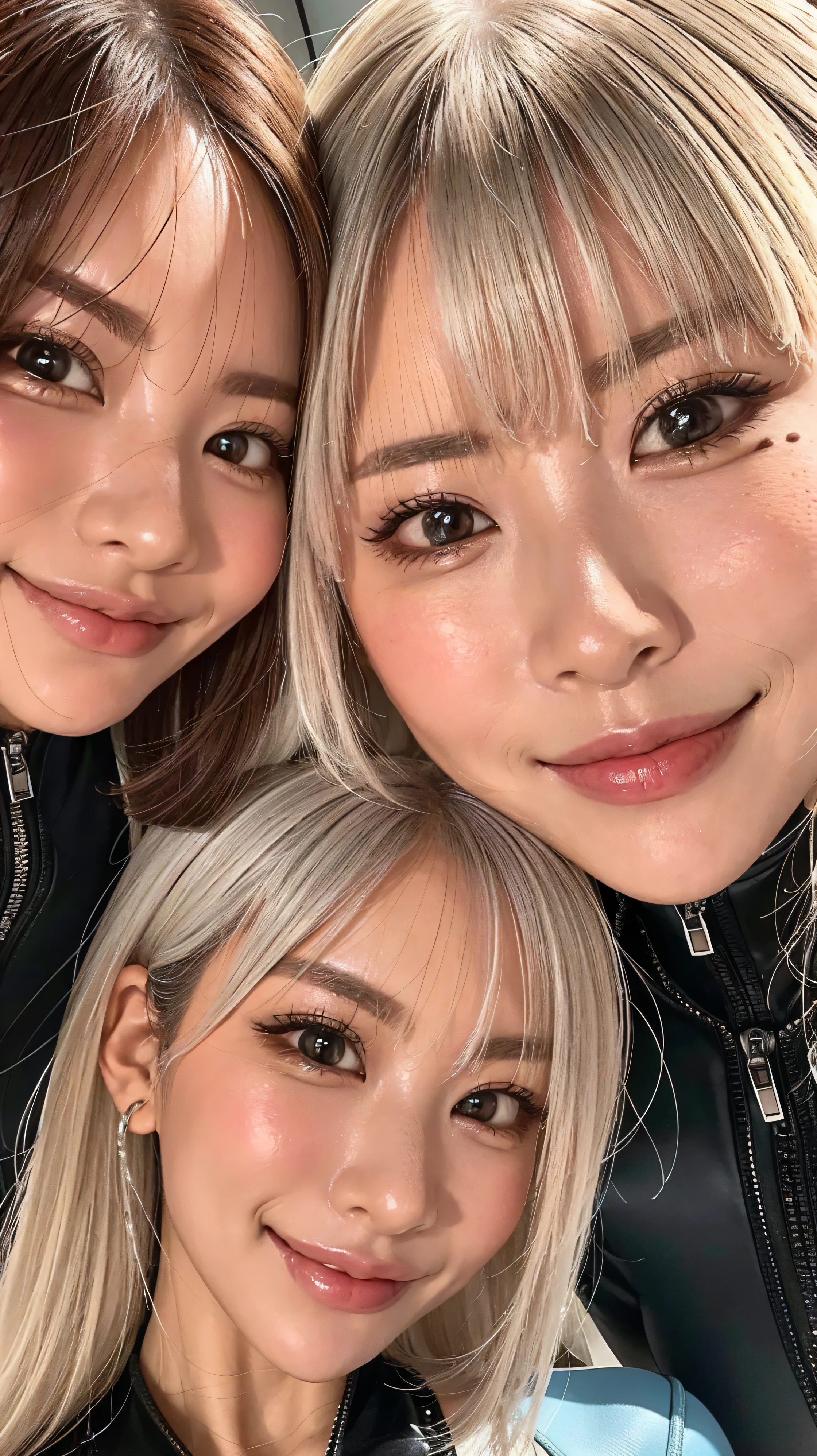   look at me、 ,Full zoom in,face close-up、look at me with a smile            、vision、        two beautiful women   、Looking at Us Closer、looking at us with their faces close to the front、I'm looking at my beautiful platinum-colored hair at an angle 、close to the front            、           black wetsuit                                      、                                               、                                           、                     、                  
